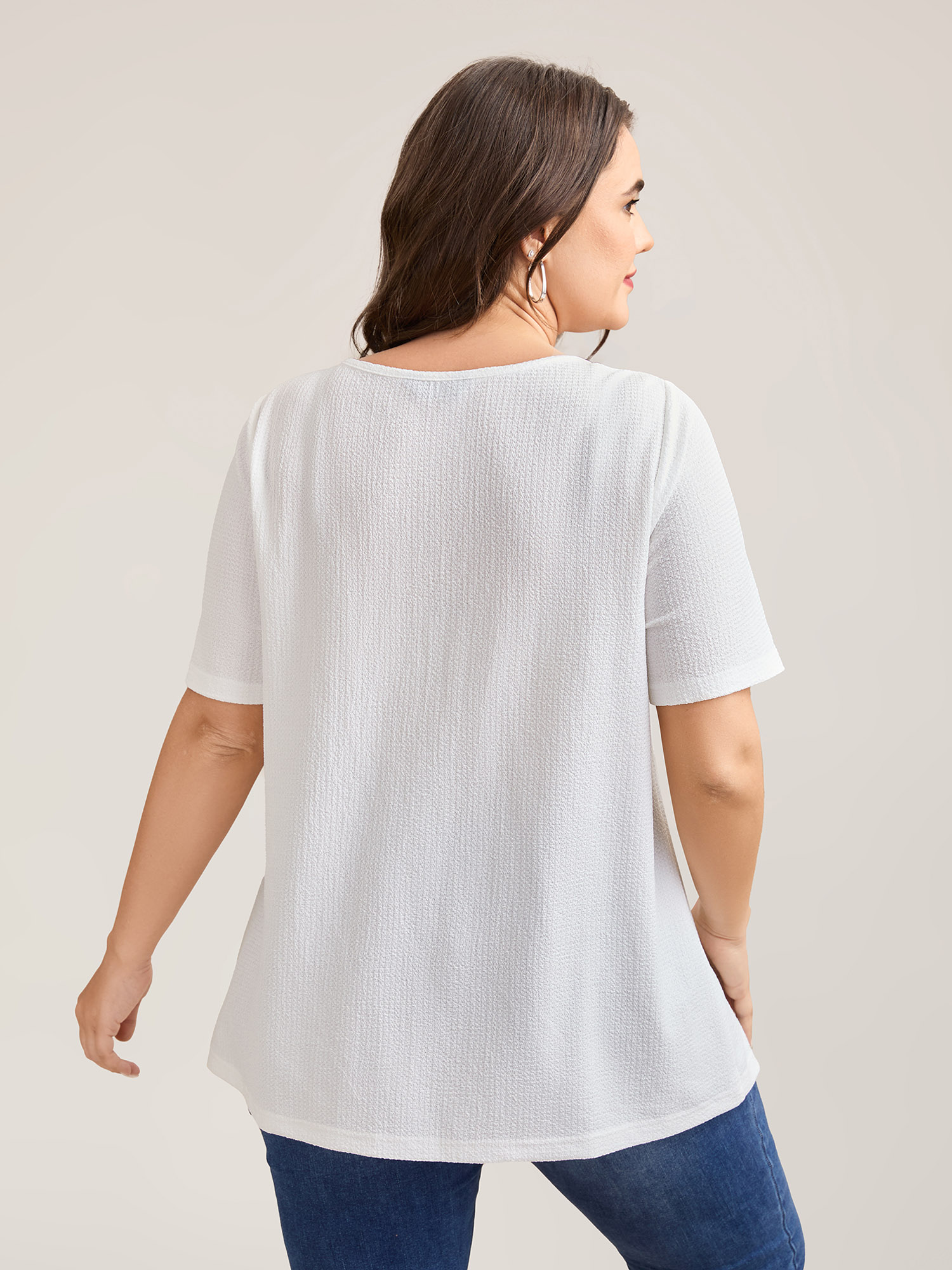 Plus Size Stretchy Textured Pleated Round Neck T-Shirt Ivory Women Casual Texture Round Neck Everyday T-shirts BloomChic 10/M 