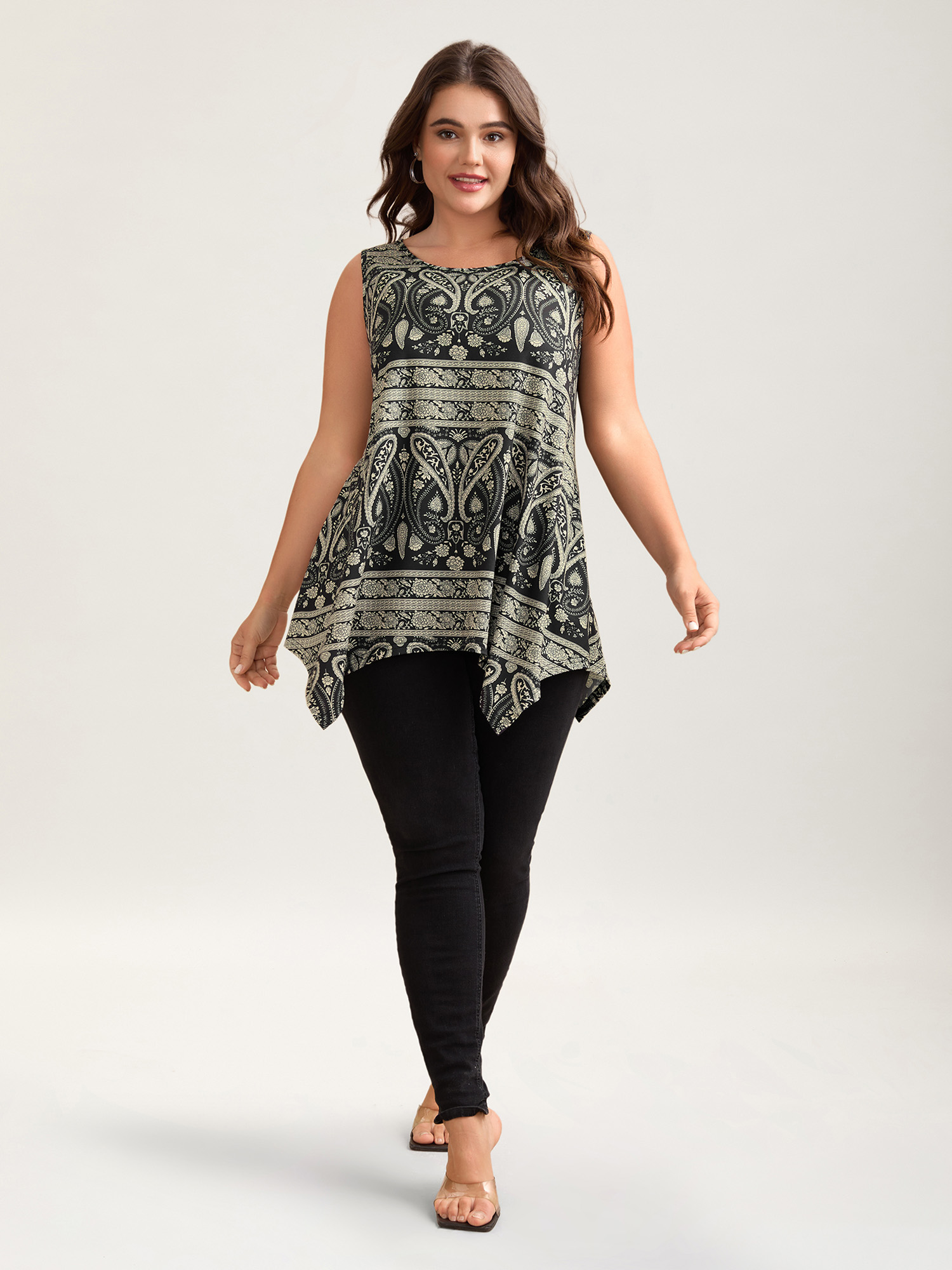 Plus Size Boho Print Flared Tank Top Women Black Casual Asymmetrical Round Neck Everyday Tank Tops Camis BloomChic 22-24/3X 