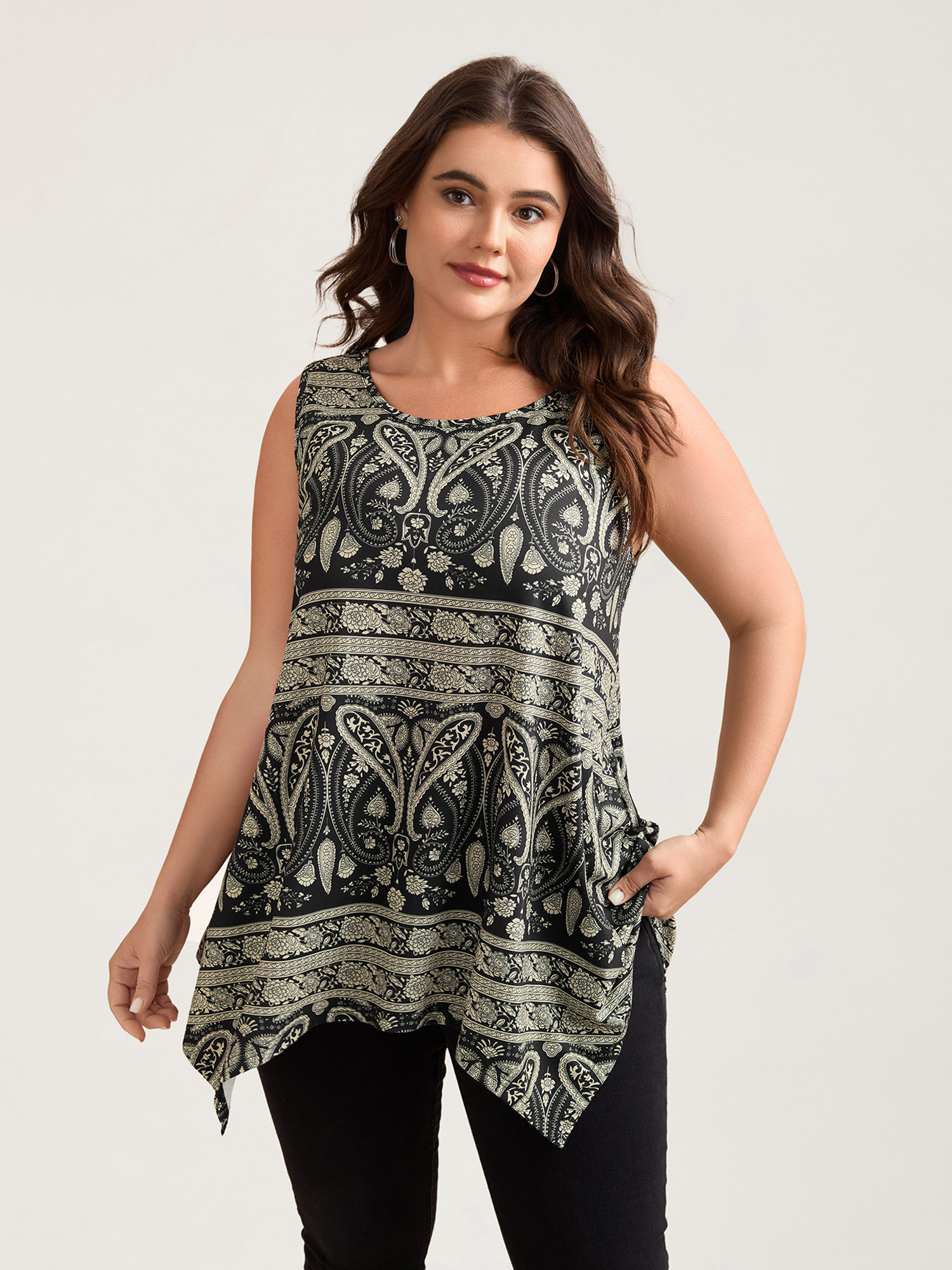 Plus Size Boho Print Flared Tank Top Women Black Casual Asymmetrical Round Neck Everyday Tank Tops Camis BloomChic 22-24/3X 