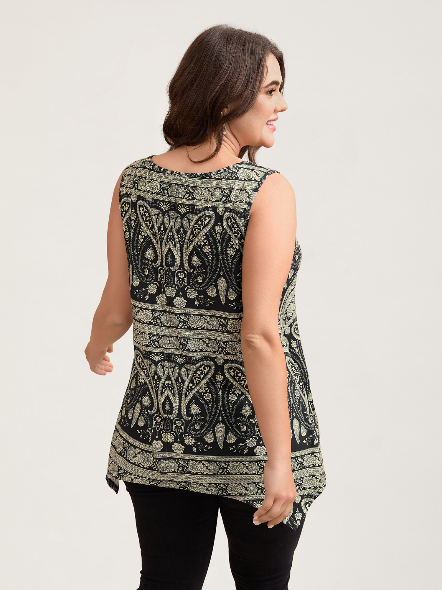 Plus Size Boho Print Flared Tank Top Women Black Casual Asymmetrical Round Neck Everyday Tank Tops Camis BloomChic 22-24/3X 