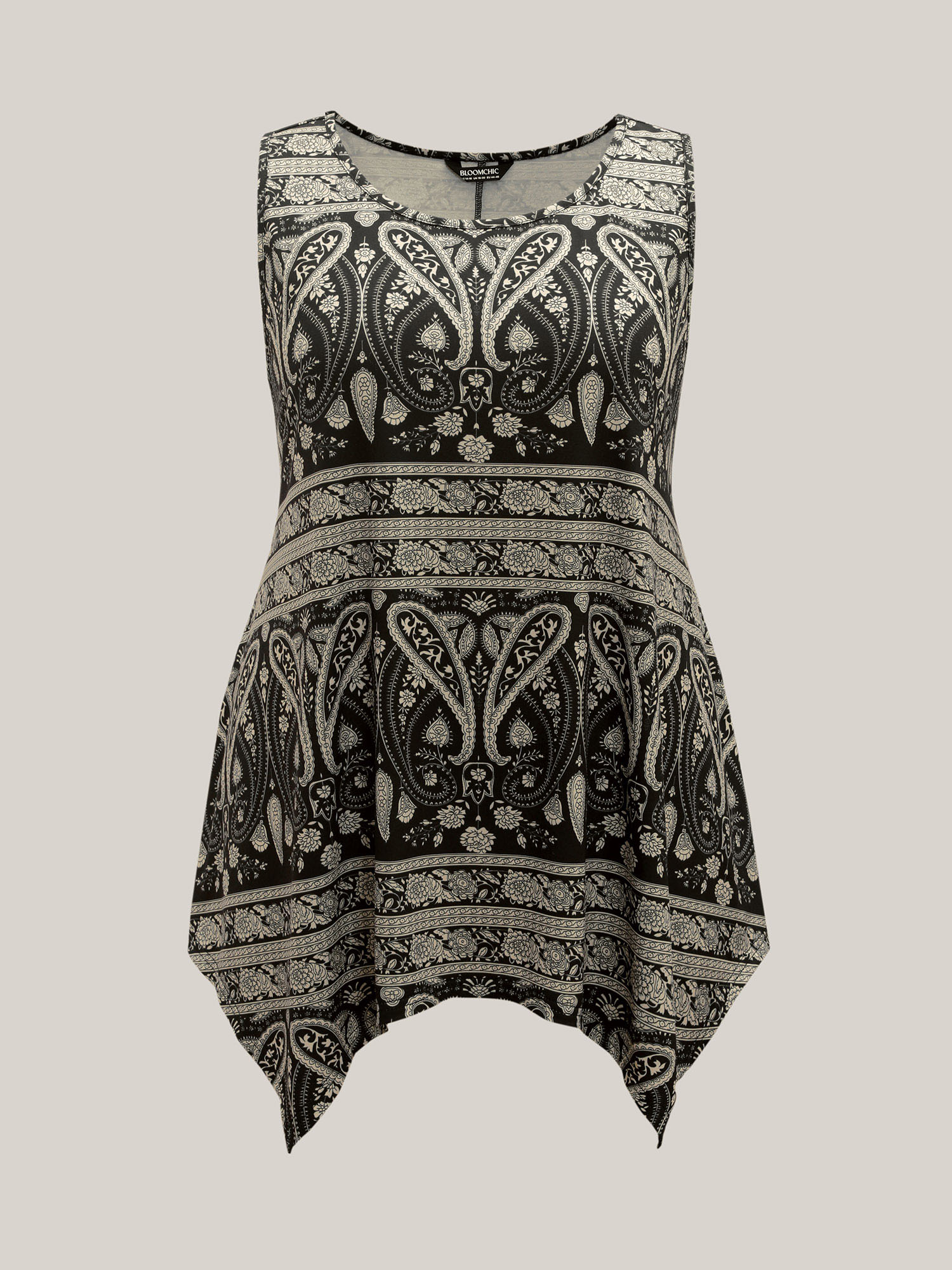 Plus Size Boho Print Flared Tank Top Women Black Casual Asymmetrical Round Neck Everyday Tank Tops Camis BloomChic 22-24/3X 