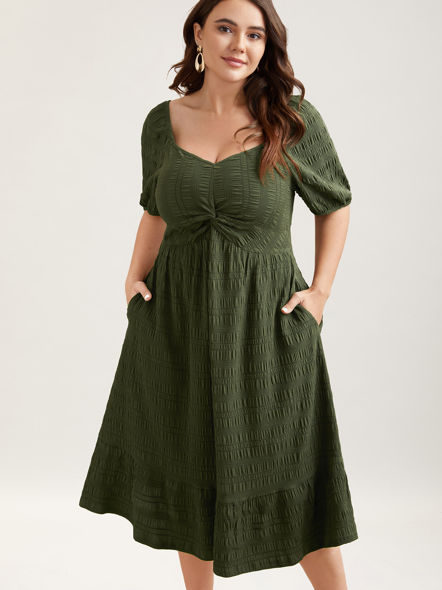 

Plus Size Textured Front-Twist Square Neck Midi Dress ArmyGreen Women Elegant Twist V-neck Short sleeve Curvy BloomChic