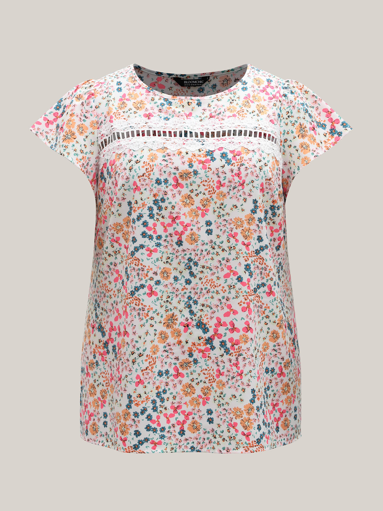 Plus Size WhiteSmoke Multi-Color Floral Print Lace Spliced Blouse Women Elegant Cap Sleeve Round Neck Everyday Blouses BloomChic 10/M 