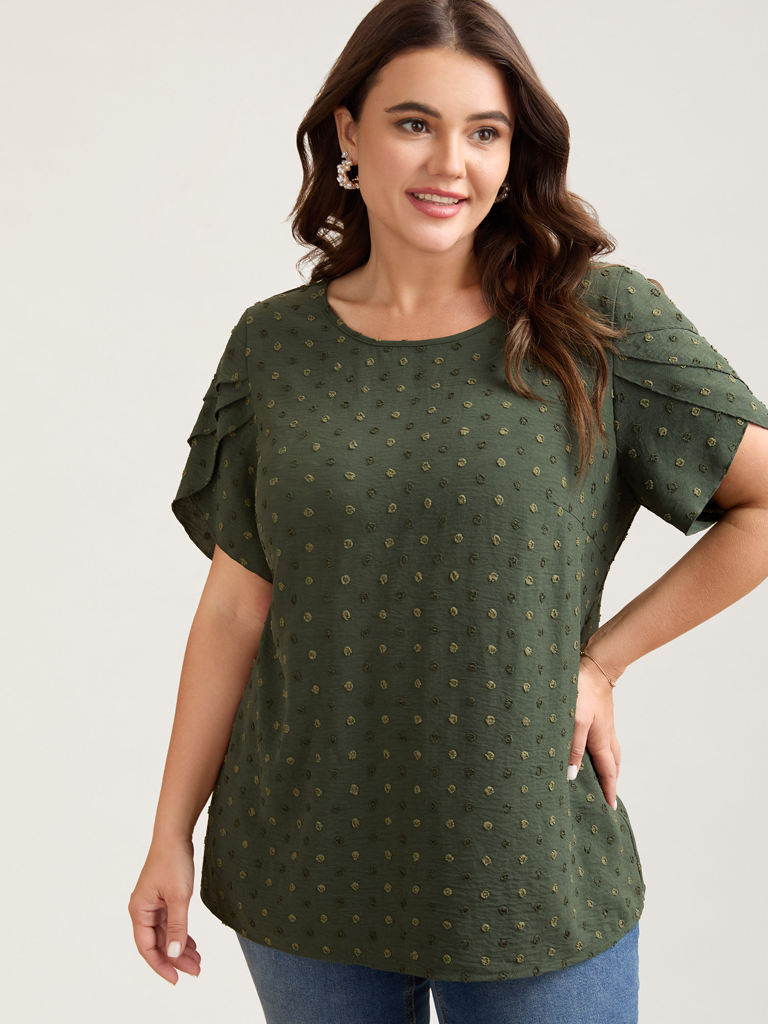 

Plus Size ArmyGreen Textured Color Contrast Petal Sleeve Blouse Women Elegant Short sleeve Round Neck Everyday Blouses BloomChic