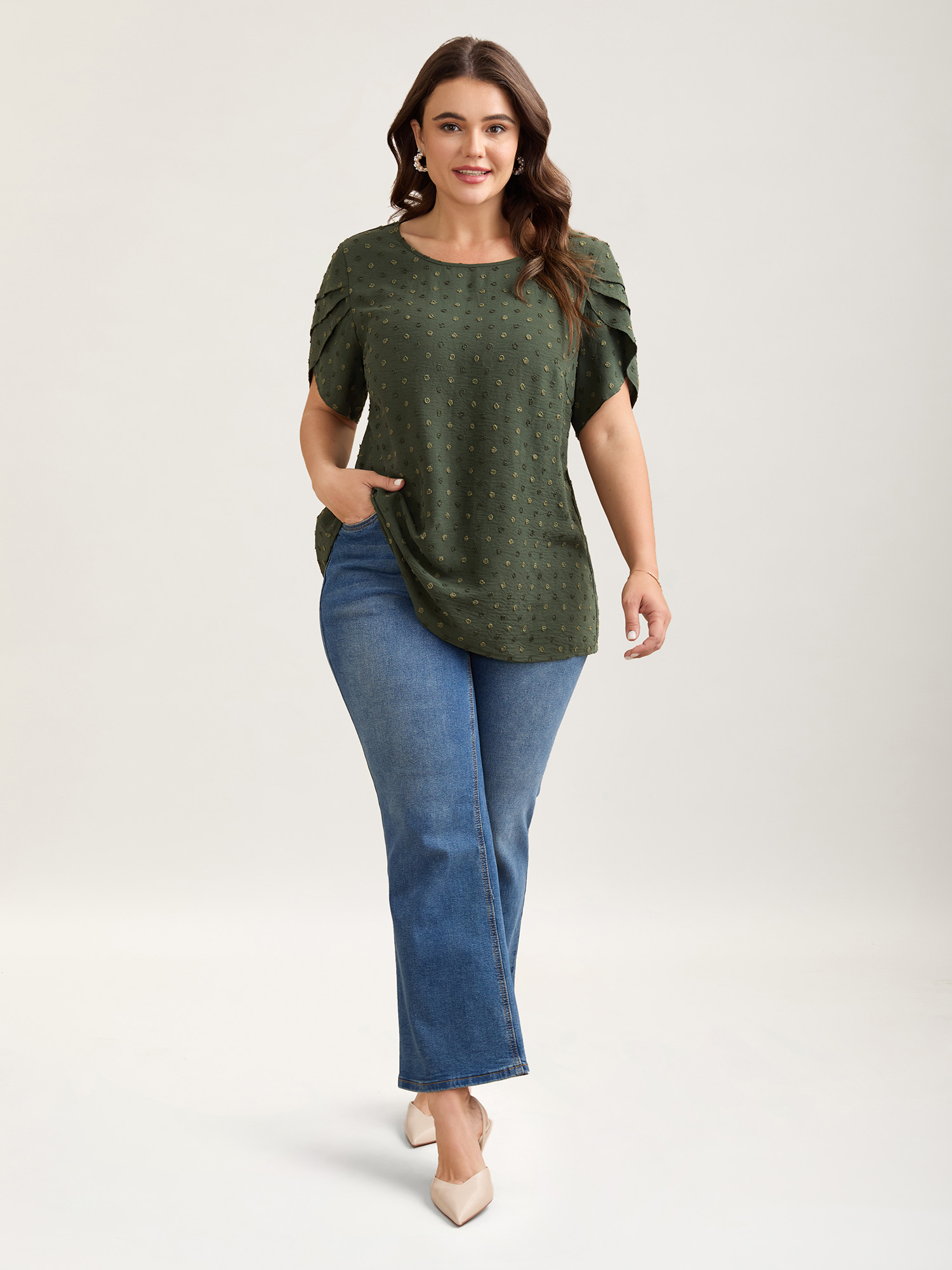 Plus Size ArmyGreen Textured Color Contrast Petal Sleeve Blouse Women Elegant Short sleeve Round Neck Everyday Blouses BloomChic 28/5X 