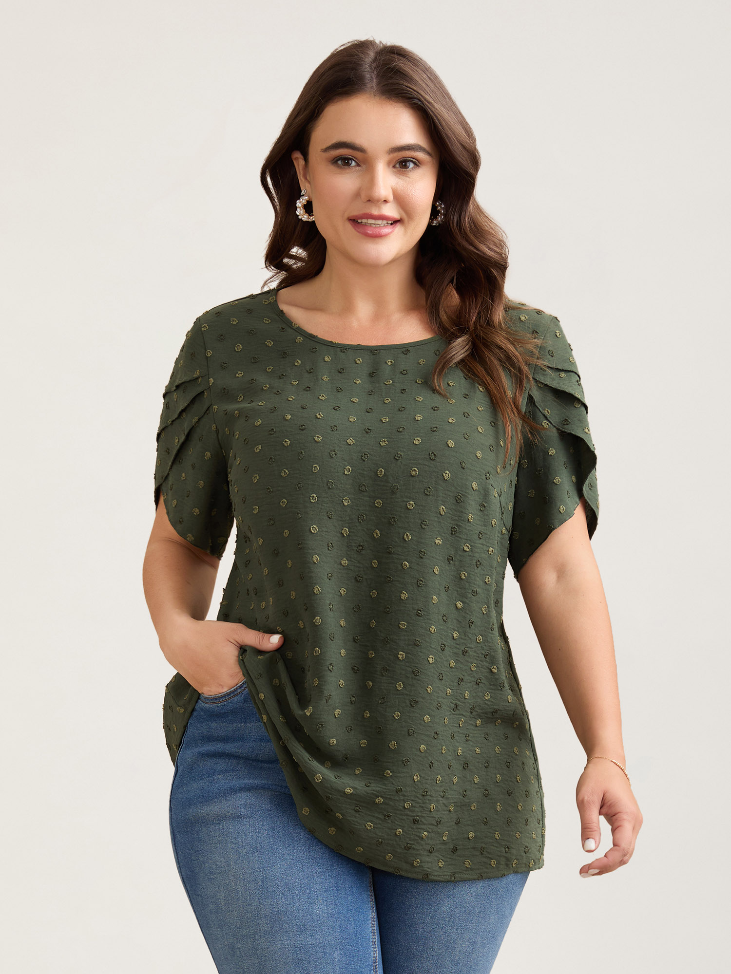 Plus Size ArmyGreen Textured Color Contrast Petal Sleeve Blouse Women Elegant Short sleeve Round Neck Everyday Blouses BloomChic 28/5X 
