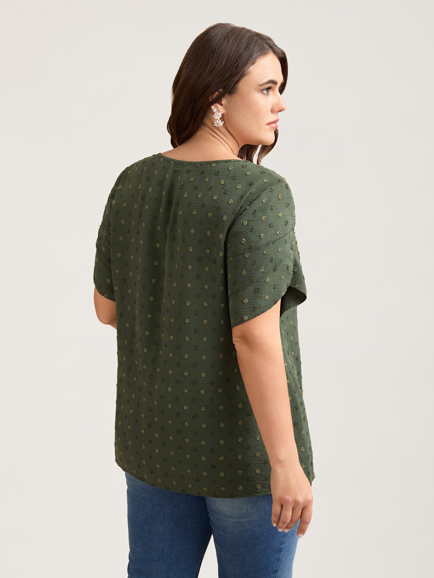 Plus Size ArmyGreen Textured Color Contrast Petal Sleeve Blouse Women Elegant Short sleeve Round Neck Everyday Blouses BloomChic 28/5X 
