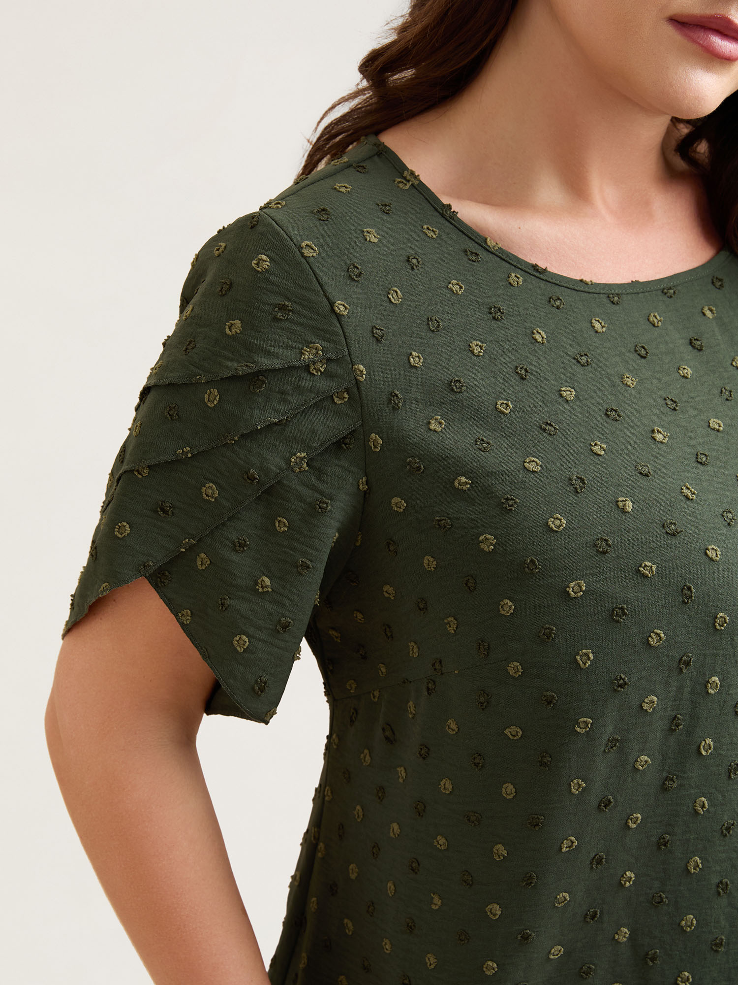 Plus Size ArmyGreen Textured Color Contrast Petal Sleeve Blouse Women Elegant Short sleeve Round Neck Everyday Blouses BloomChic 28/5X 