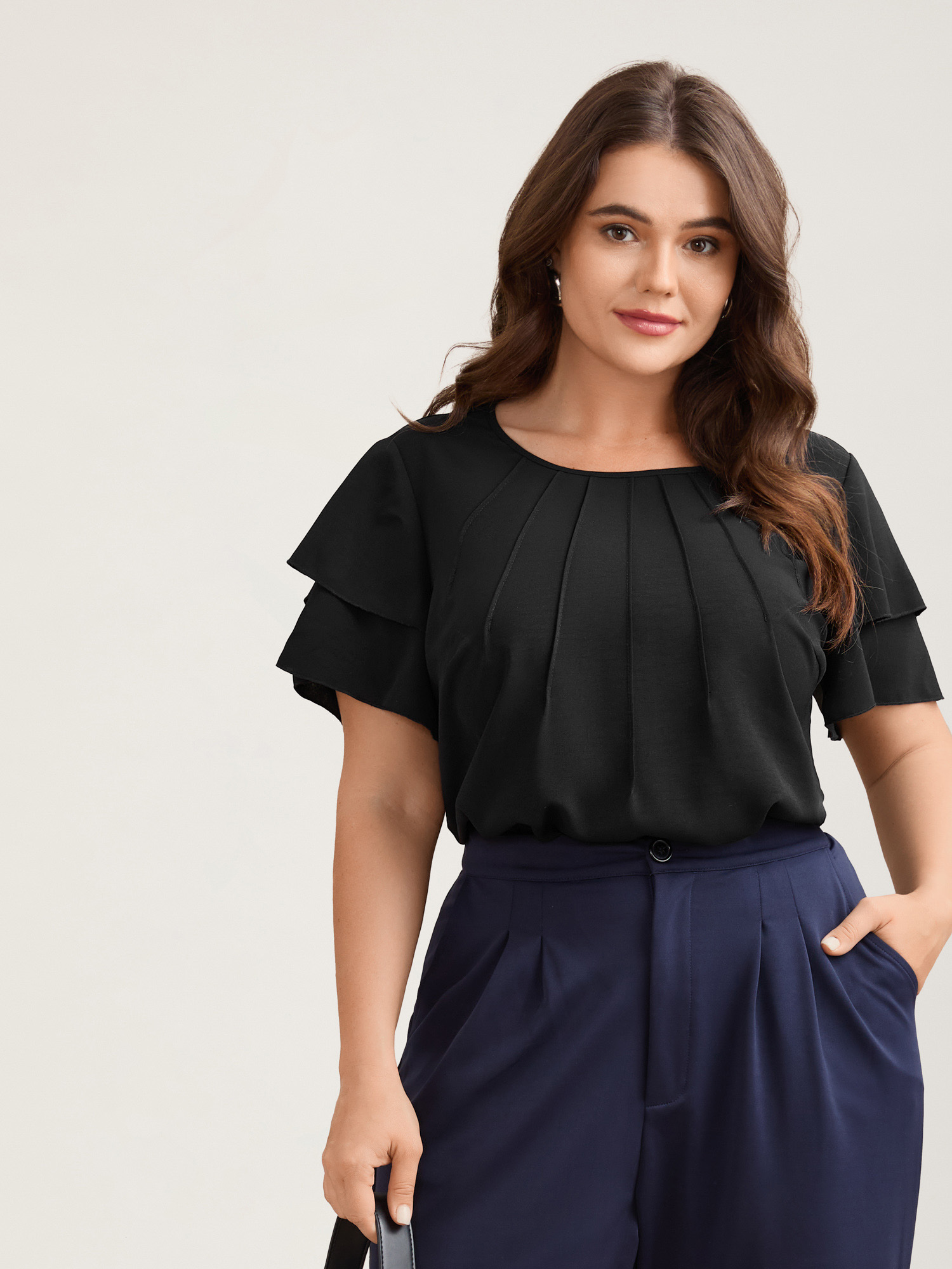 

Plus Size Black Toothpick Pleat Layered Flutter Sleeve Blouse Women At the Office Short sleeve Round Neck Work Blouses BloomChic