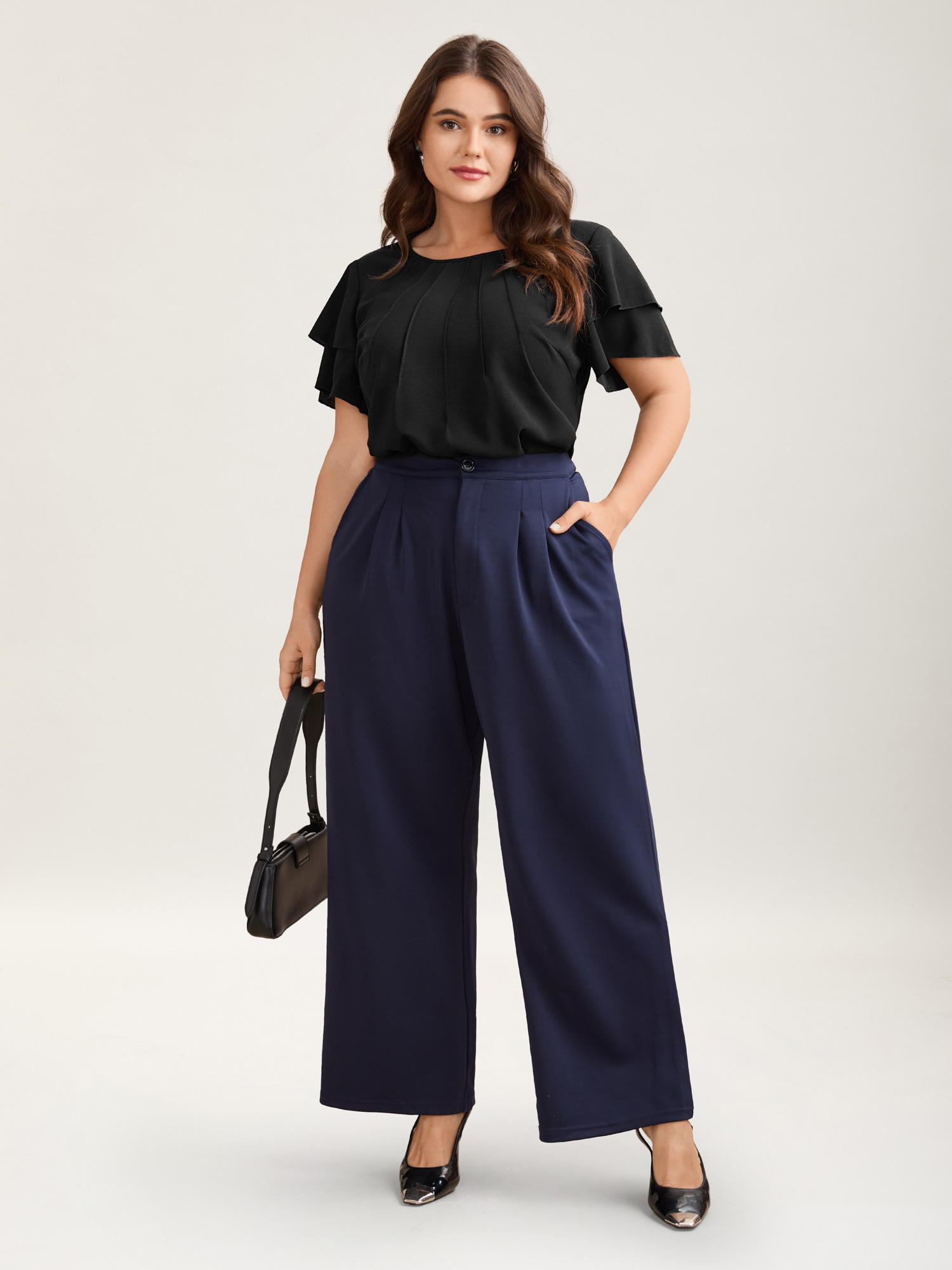 

Plus Size Black Toothpick Pleat Layered Flutter Sleeve Blouse Women At the Office Short sleeve Round Neck Work Blouses BloomChic