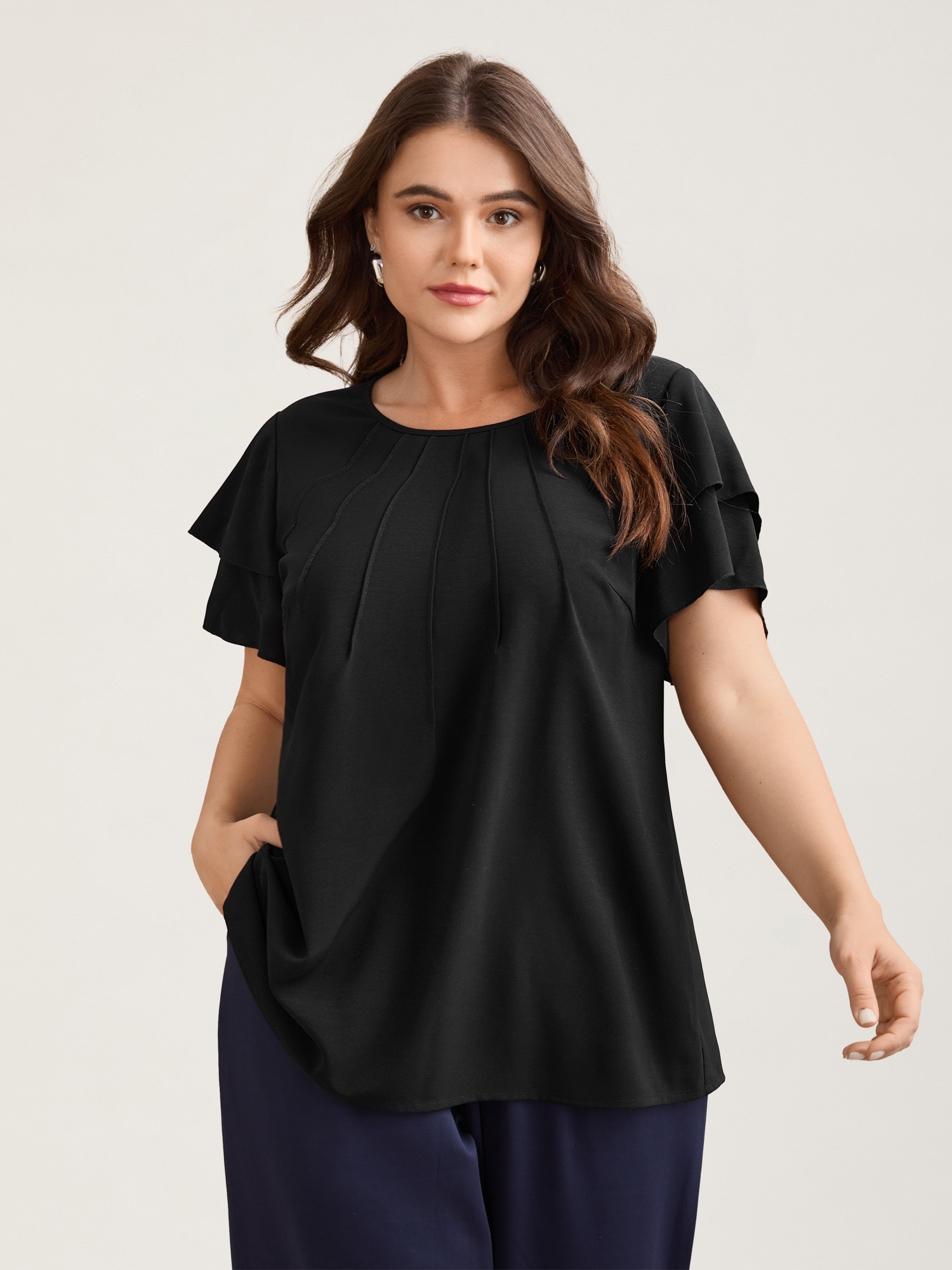 Plus Size Black Toothpick Pleat Layered Flutter Sleeve Blouse Women At the Office Short sleeve Round Neck Work Blouses BloomChic 18-20/2X 