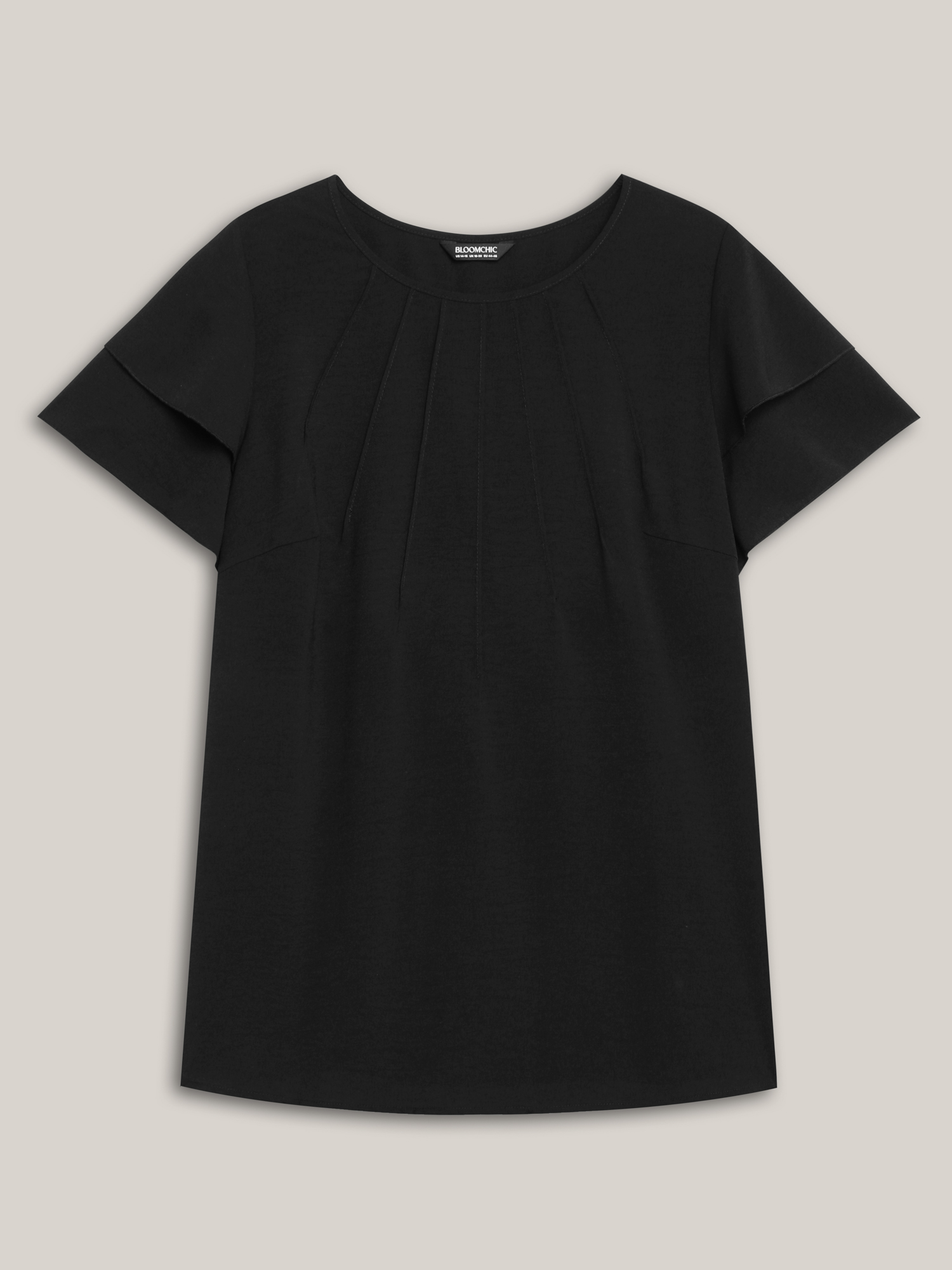 Plus Size Black Toothpick Pleat Layered Flutter Sleeve Blouse Women At the Office Short sleeve Round Neck Work Blouses BloomChic 18-20/2X 