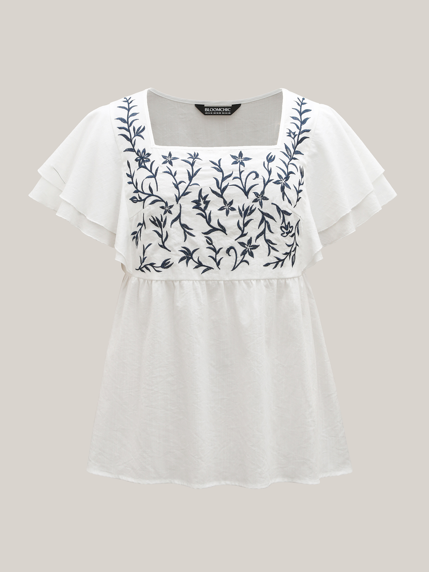 Plus Size Originalwhite Embroidered Layered Flutter Sleeve Blouse Women Resort Cap Sleeve Square Neck Vacation Blouses BloomChic 12/L 