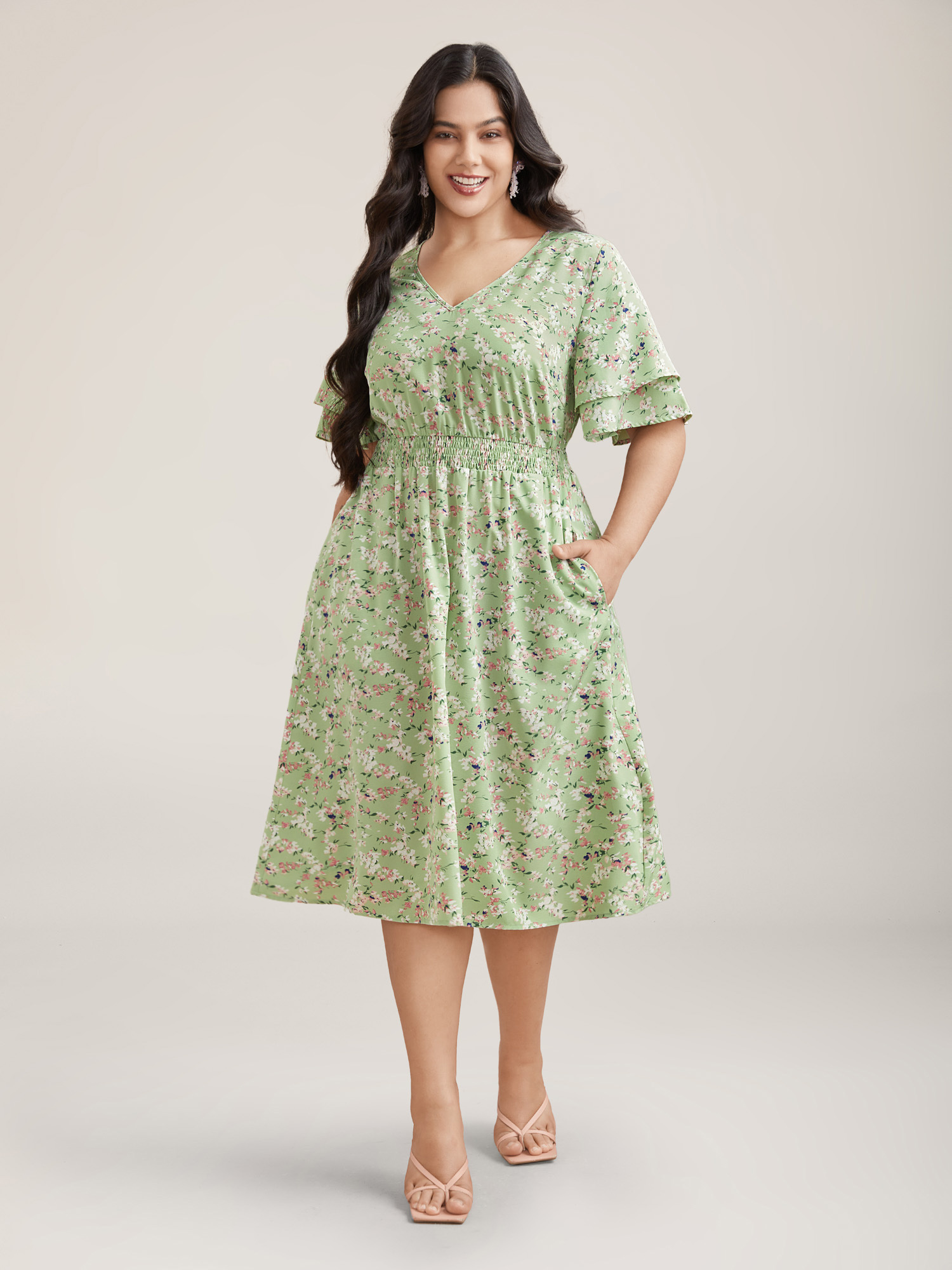 

Plus Size Floral Print Shirred Waist Layered Sleeve Dress LightGreen Women Elegant Tiered V-neck Short sleeve Curvy BloomChic