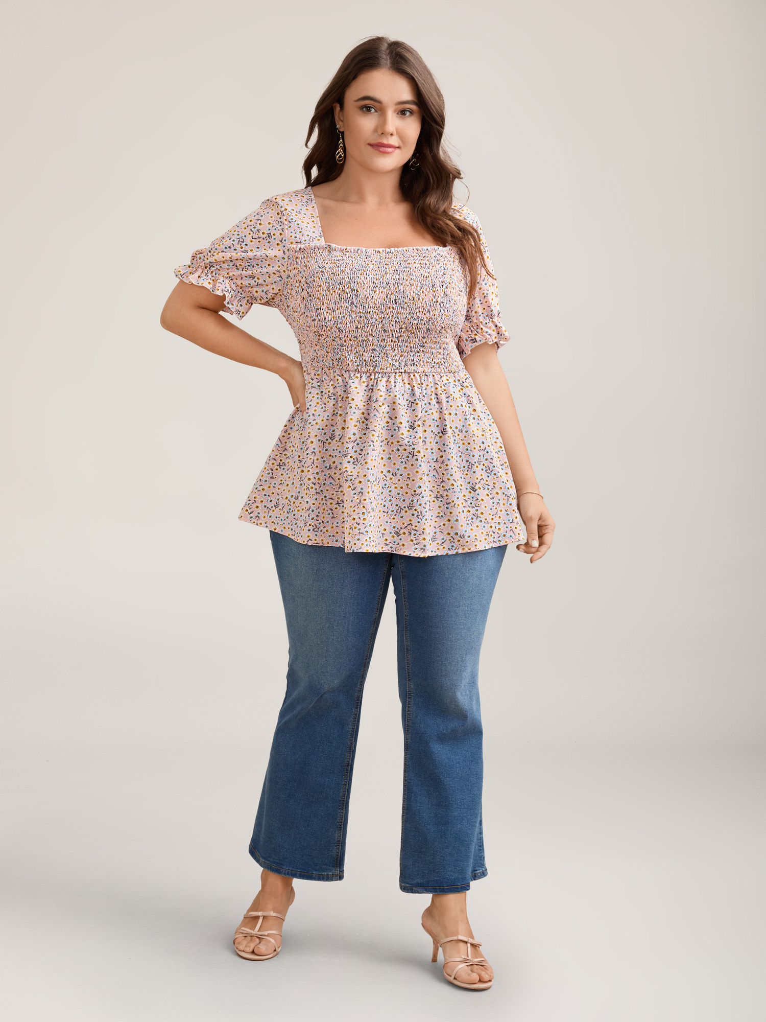 Plus Size MistyRose Floral Print Shirred Bodice Peplum Top Women Elegant Short sleeve Square Neck Everyday Blouses BloomChic 22-24/3X 