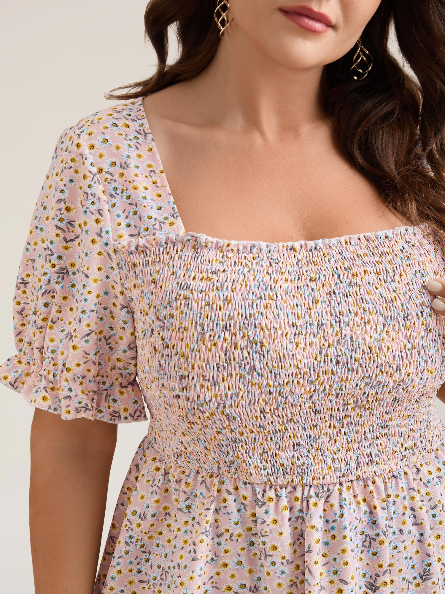 Plus Size MistyRose Floral Print Shirred Bodice Peplum Top Women Elegant Short sleeve Square Neck Everyday Blouses BloomChic 22-24/3X 