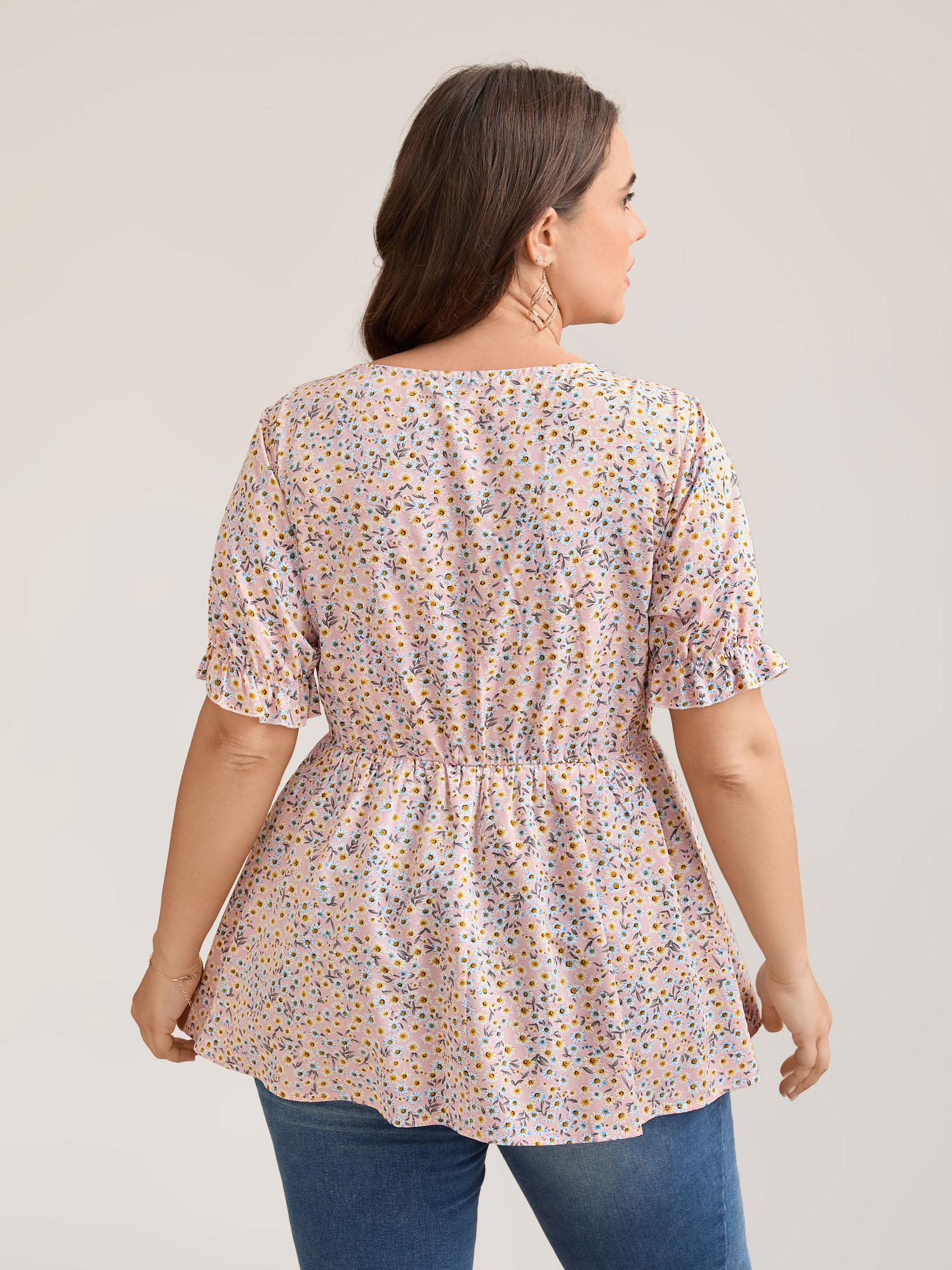 Plus Size MistyRose Floral Print Shirred Bodice Peplum Top Women Elegant Short sleeve Square Neck Everyday Blouses BloomChic 22-24/3X 