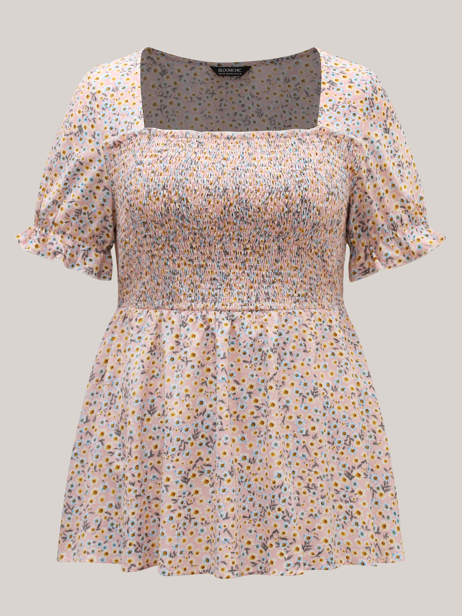 Plus Size MistyRose Floral Print Shirred Bodice Peplum Top Women Elegant Short sleeve Square Neck Everyday Blouses BloomChic 22-24/3X 