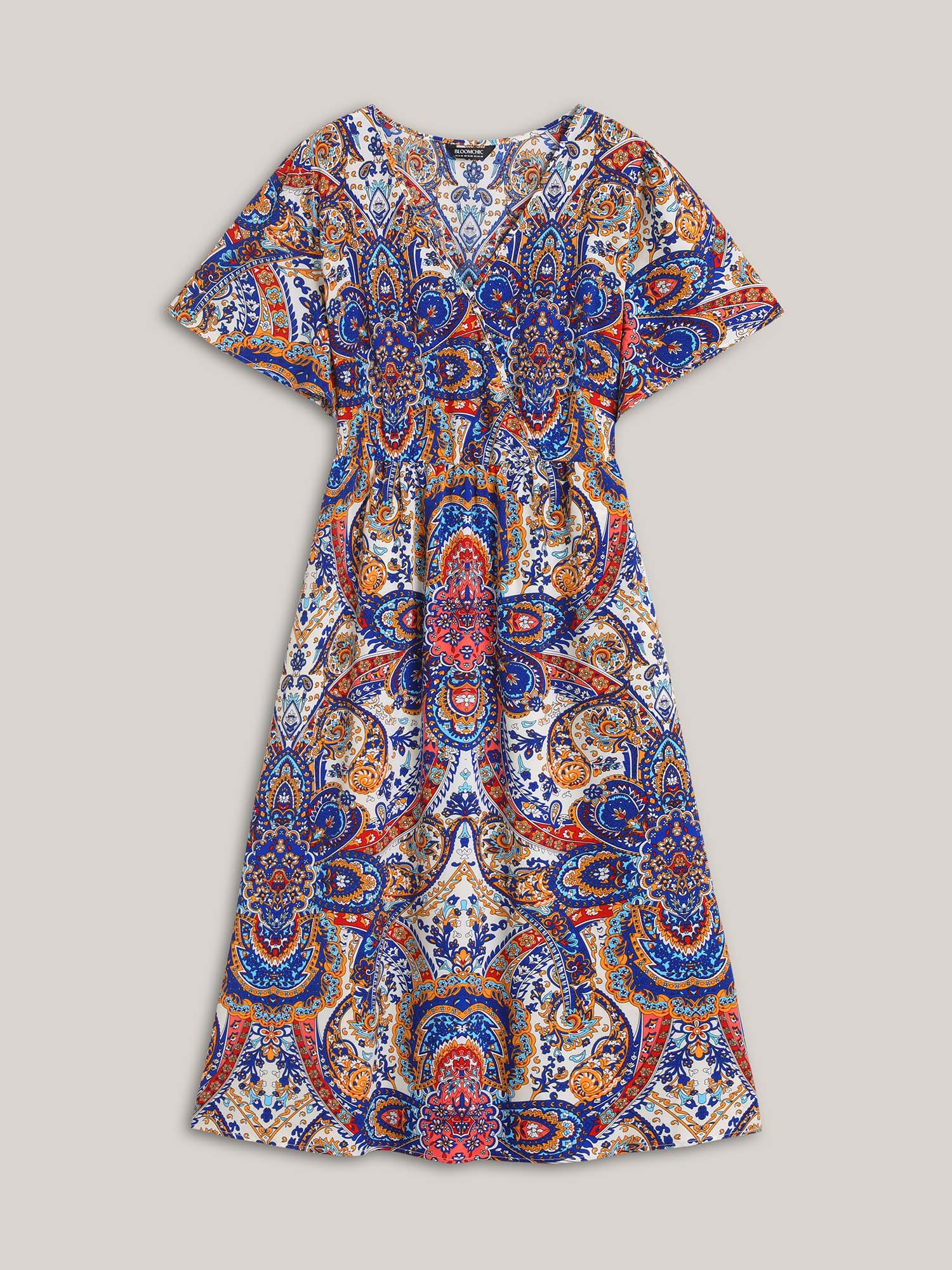 Plus Size Paisley Print Pockets Surplice Neck Midi Dress Mediumblue Women Resort Non Overlap Collar Short sleeve Curvy BloomChic 22-24/3X 