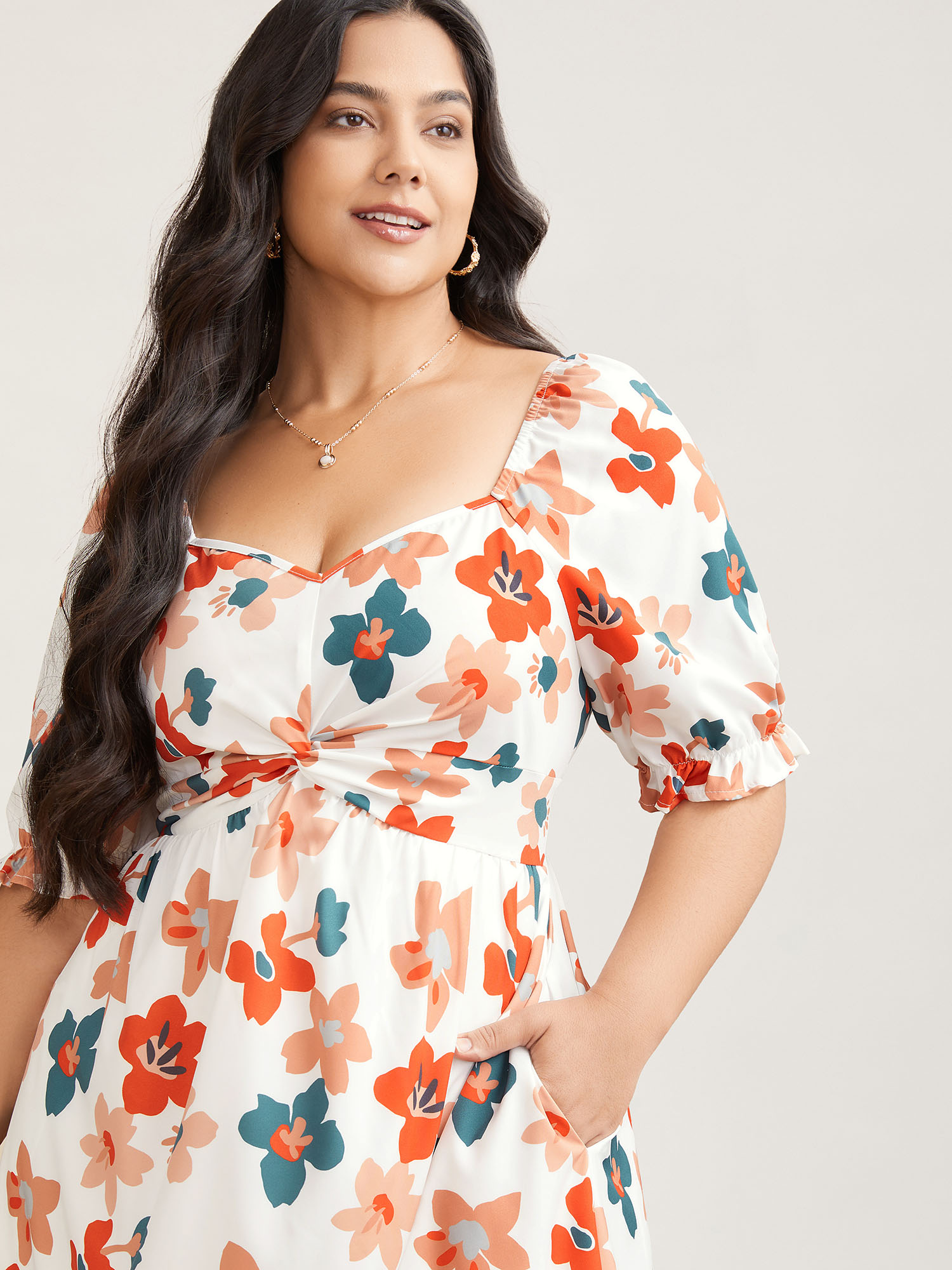 

Plus Size Sweet Floral Front-Twist Lined Maxi Dress Multicolor Women Elegant Twist Heart neckline Short sleeve Curvy BloomChic