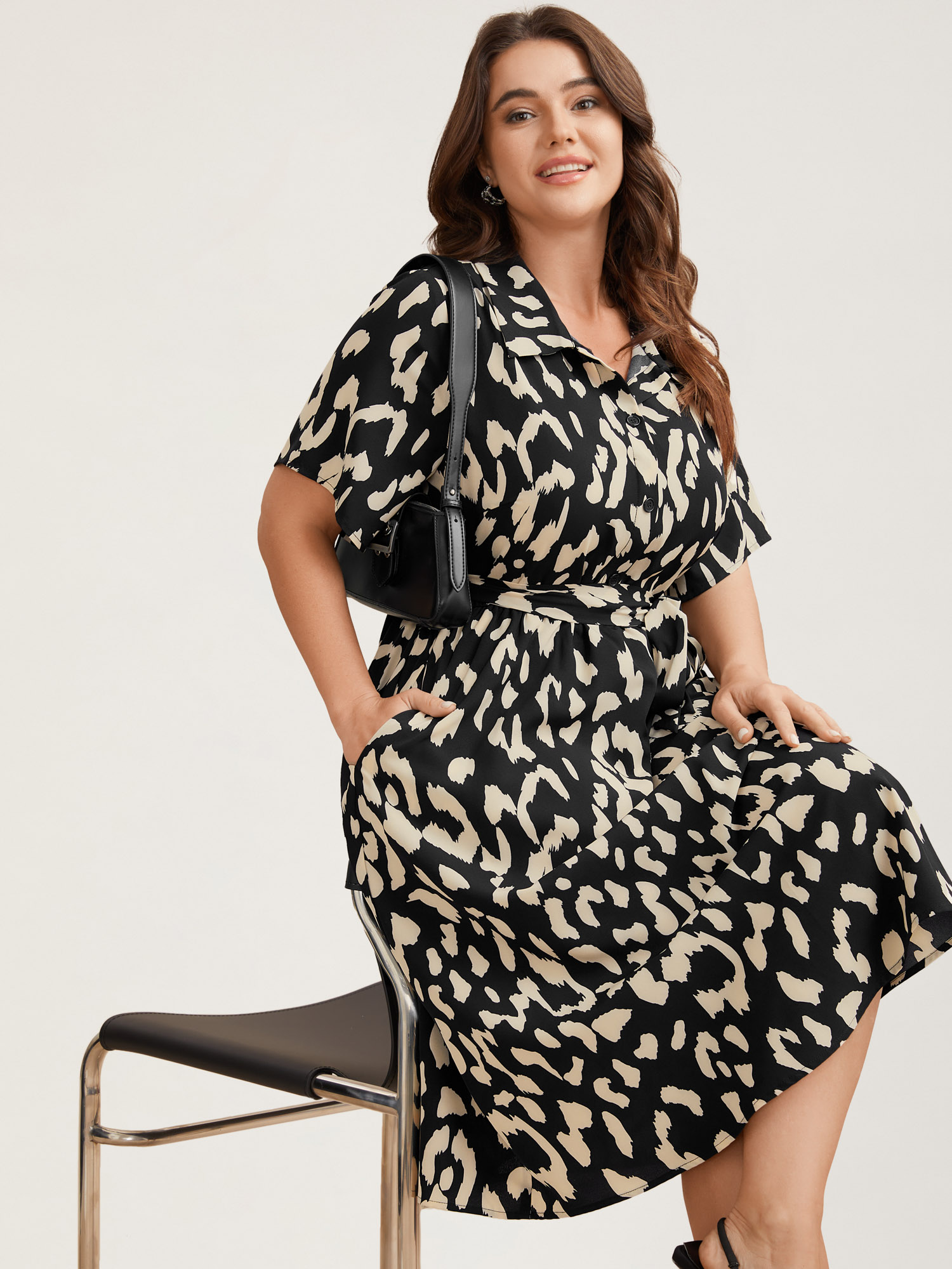 

Plus Size Waist-Tie Pockets Shirt Collar Midi Dress Black Women At the Office Belted Shirt collar Short sleeve Curvy BloomChic