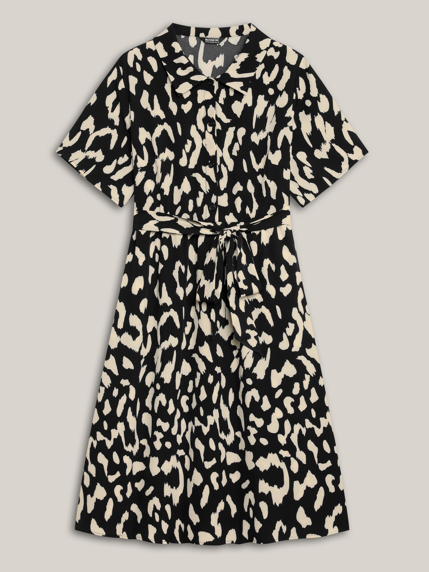 Plus Size Waist-Tie Pockets Shirt Collar Midi Dress Black Women At the Office Belted Shirt collar Short sleeve Curvy BloomChic 12/L 