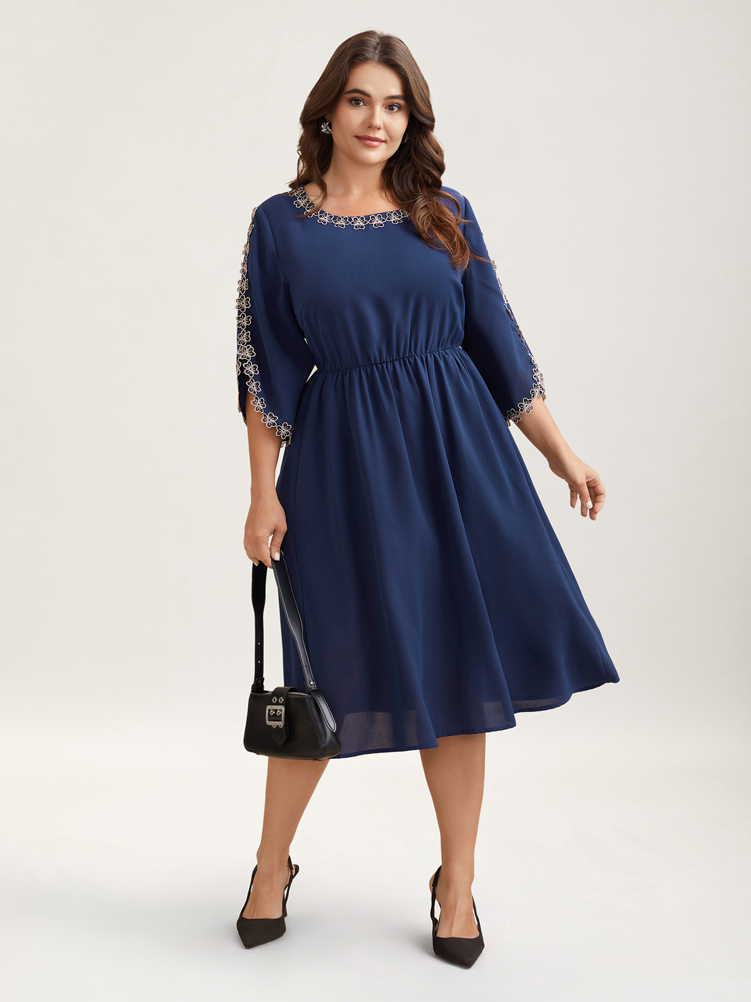 

Plus Size Lace Detail Trumpet Sleeve Midi Dress DarkBlue Women At the Office Overlapping Boat Neck Elbow-length sleeve Curvy BloomChic