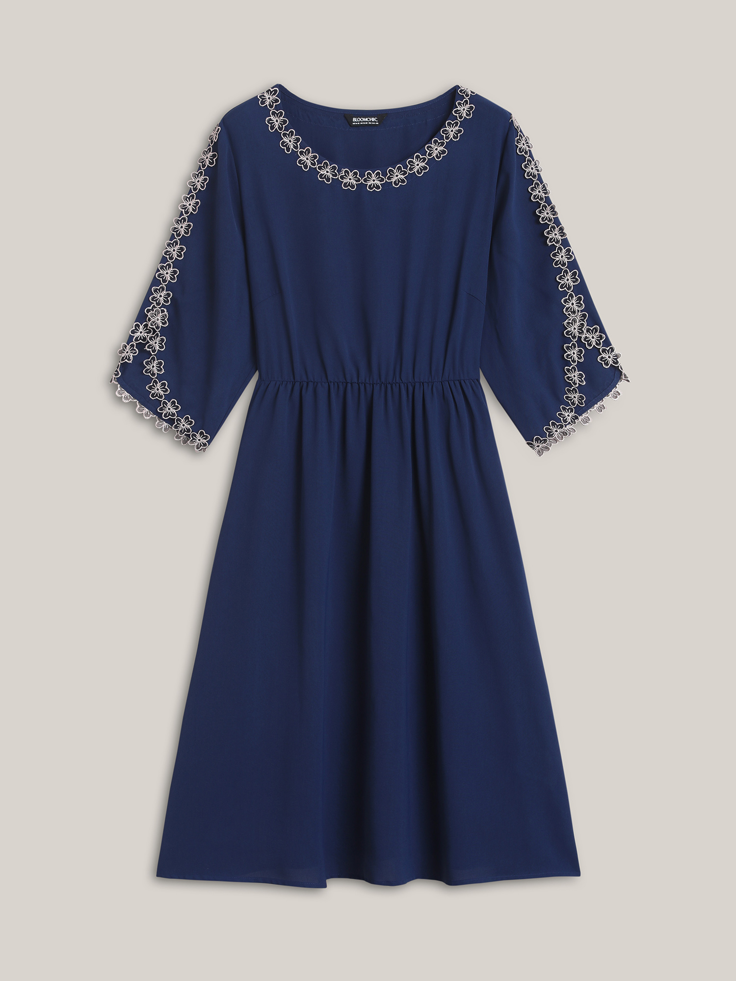 

Plus Size Lace Detail Trumpet Sleeve Midi Dress DarkBlue Women At the Office Overlapping Boat Neck Elbow-length sleeve Curvy BloomChic