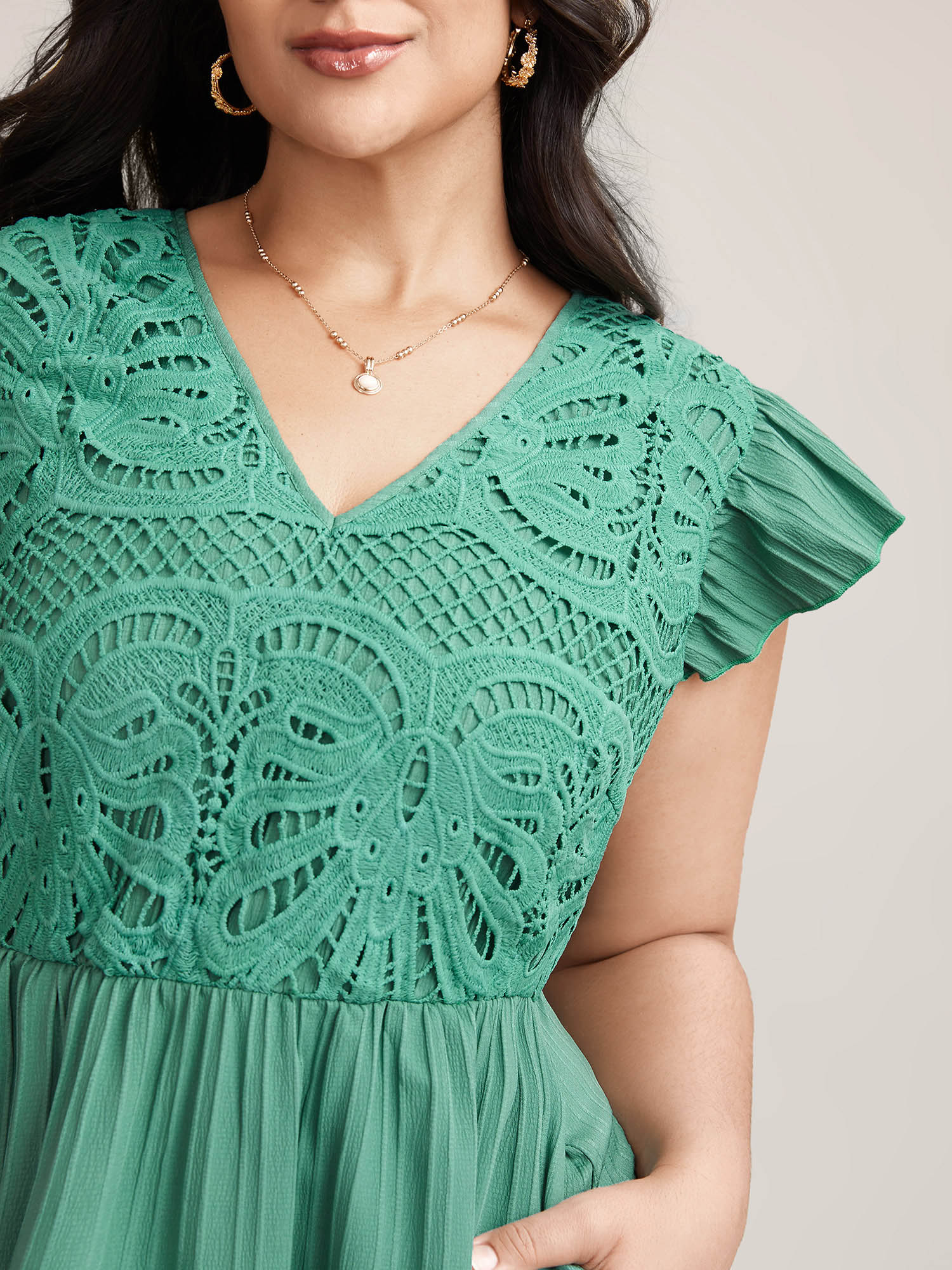 

Plus Size Lace Cut-Out Flutter Sleeve Midi Dress Emerald Women Elegant Woven ribbon&lace trim V-neck Cap Sleeve Curvy BloomChic