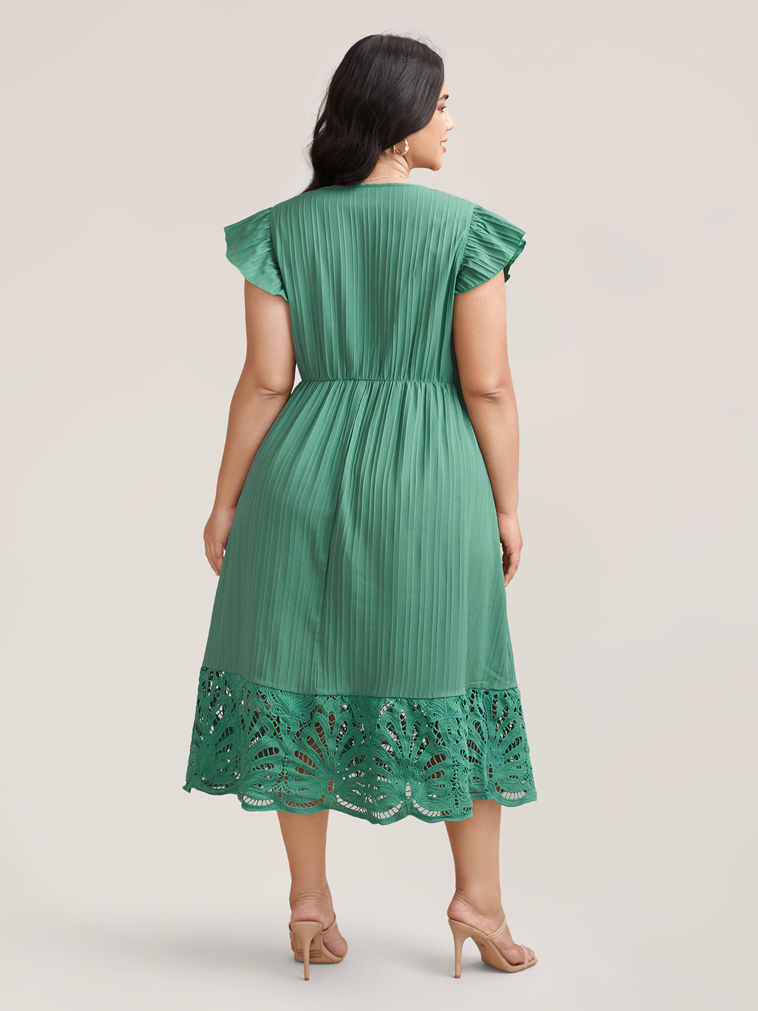 Plus Size Lace Cut-Out Flutter Sleeve Midi Dress Emerald Women Elegant Woven ribbon&lace trim V-neck Cap Sleeve Curvy BloomChic 14-16/1X 