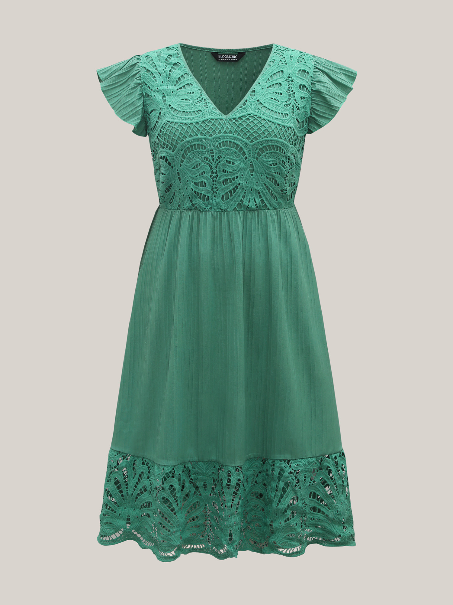 Plus Size Lace Cut-Out Flutter Sleeve Midi Dress Emerald Women Elegant Woven ribbon&lace trim V-neck Cap Sleeve Curvy BloomChic 14-16/1X 