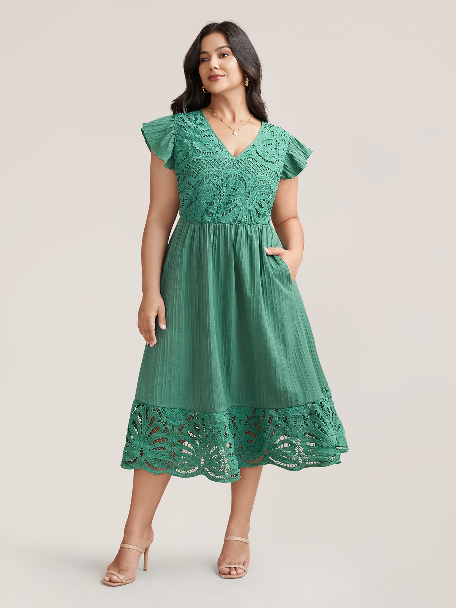 Plus Size Lace Cut-Out Flutter Sleeve Midi Dress Emerald Women Elegant Woven ribbon&lace trim V-neck Cap Sleeve Curvy BloomChic 14-16/1X 