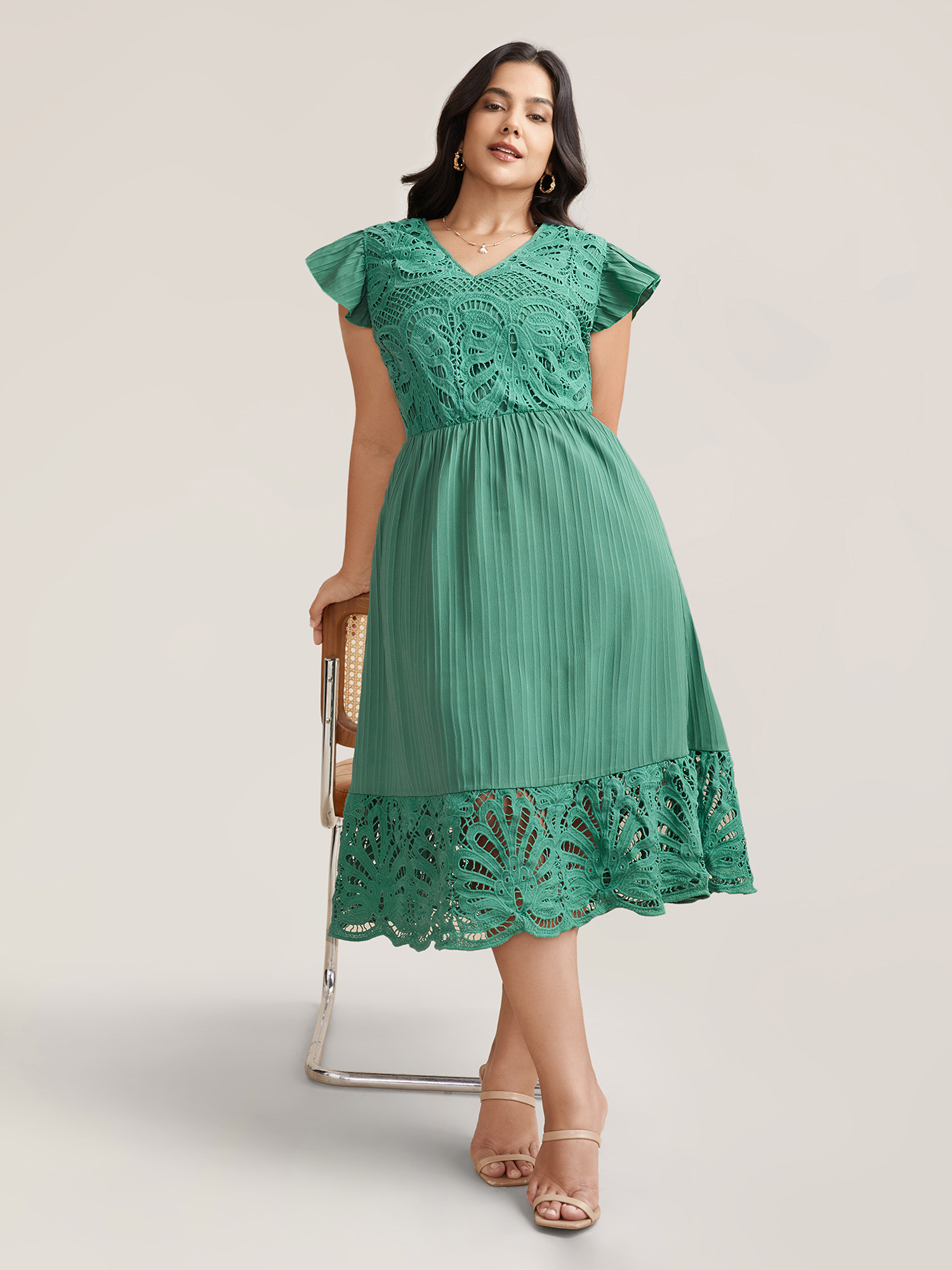 

Plus Size Lace Cut-Out Flutter Sleeve Midi Dress Emerald Women Elegant Woven ribbon&lace trim V-neck Cap Sleeve Curvy BloomChic