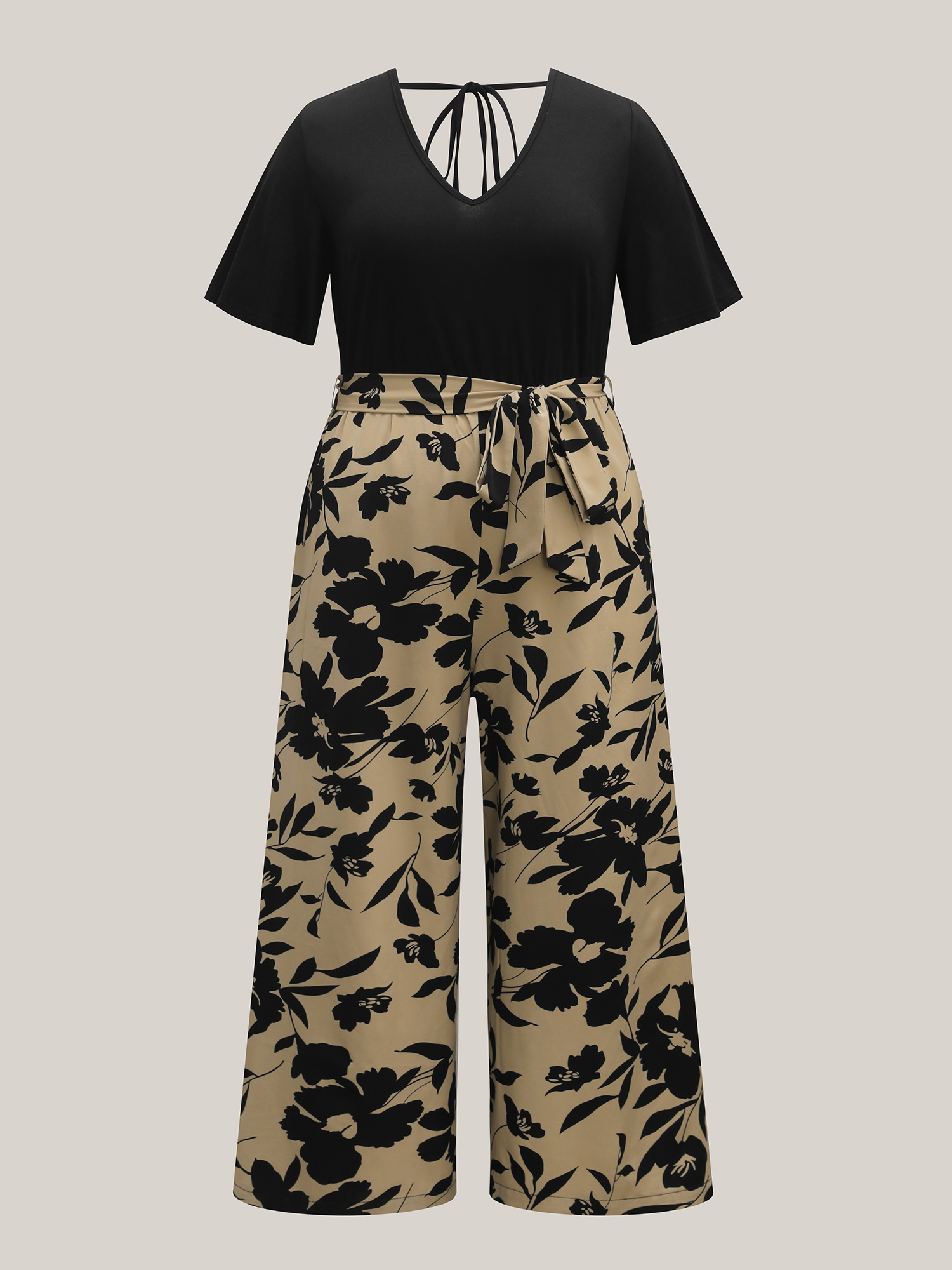 Plus Size Tan Floral Print Spliced Belted Wide-Leg Jumpsuit Women Elegant Short sleeve V-neck Everyday Loose Jumpsuits BloomChic 30/6X 