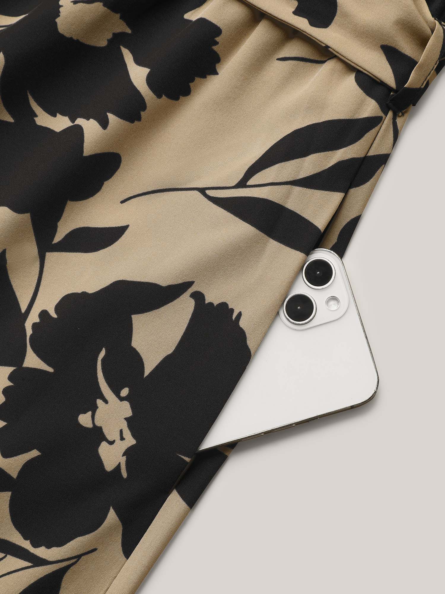 Plus Size Tan Floral Print Spliced Belted Wide-Leg Jumpsuit Women Elegant Short sleeve V-neck Everyday Loose Jumpsuits BloomChic 30/6X 