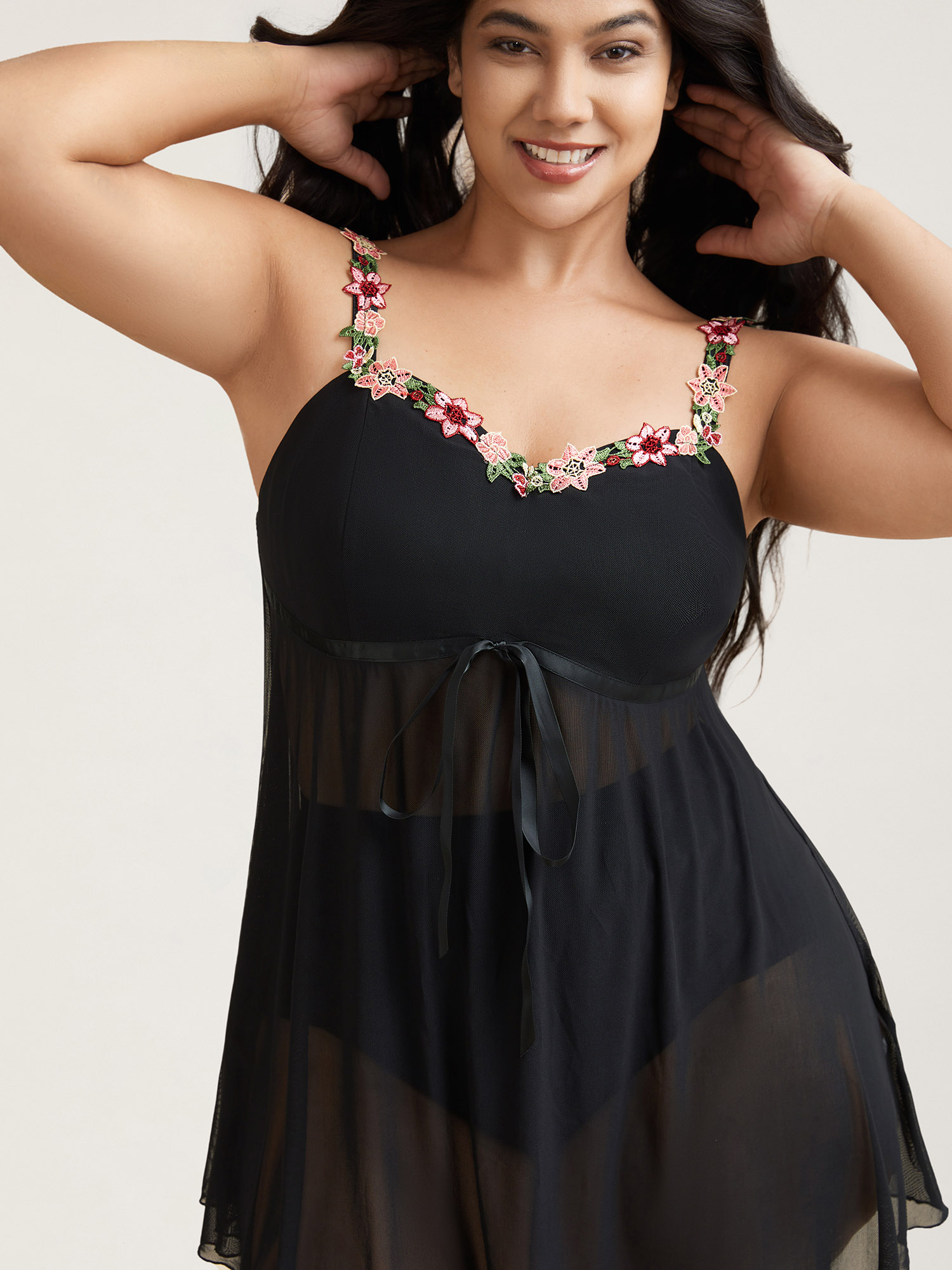 

Plus Size Sheer Floral Detail Tied Sleep Dress Black Sleeveless Heart neckline Lounge Everyday  Bloomchic