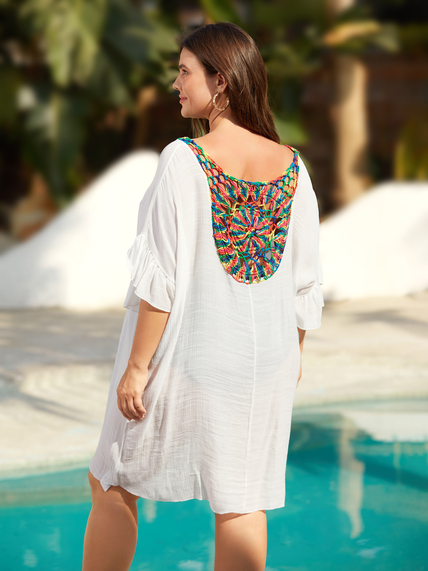 

Plus Size Cut-Out Ruffled Sheer Swim Cover-Up Women's Swimwear Ivory Beach Loose Cut-Out Curve Swim Cover Ups BloomChic