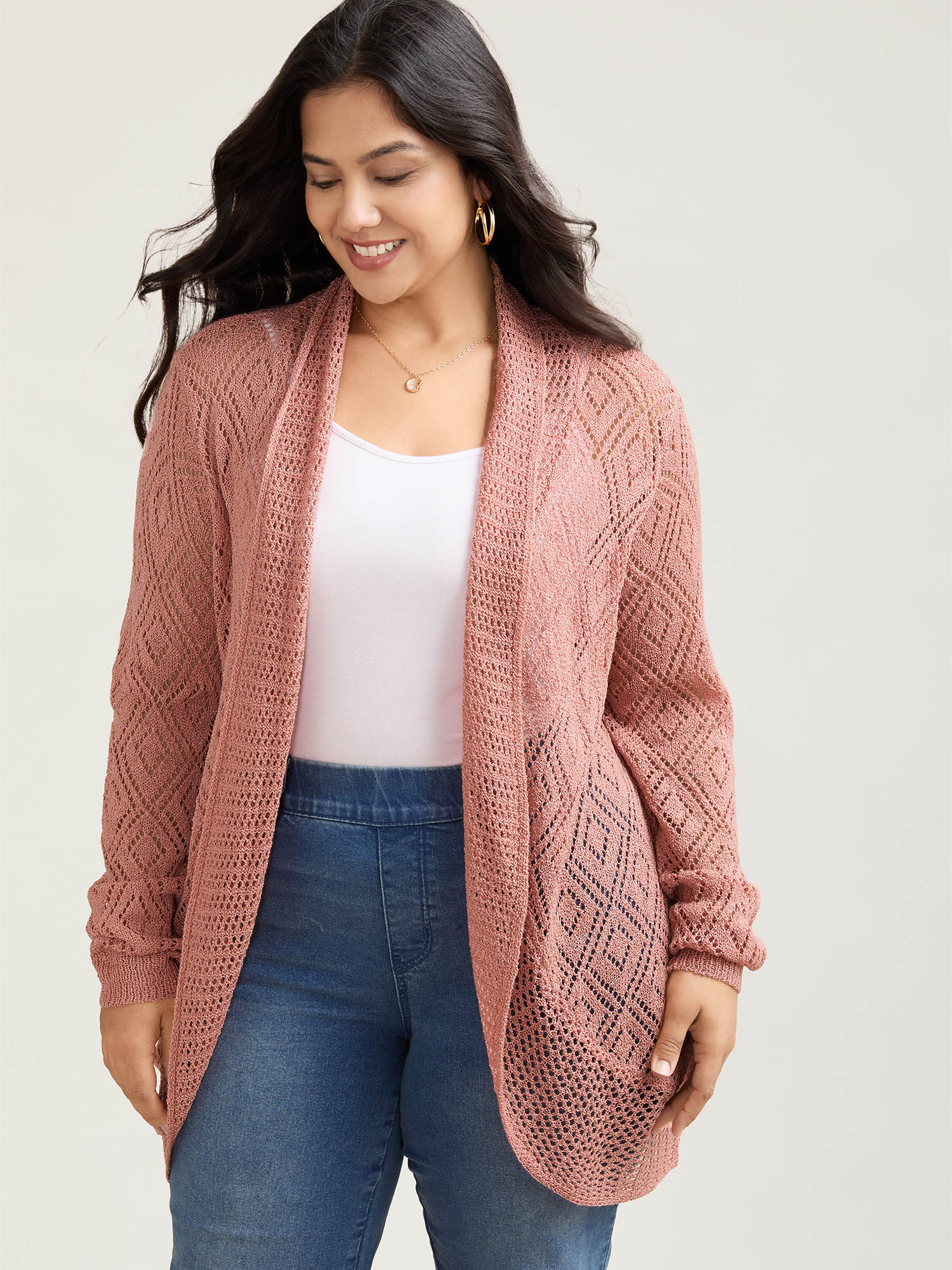 

Plus Size Textured Cut-Out Arc Hem Knit Cardigan Salmon Women Casual Loose Long Sleeve Everyday Cardigans BloomChic