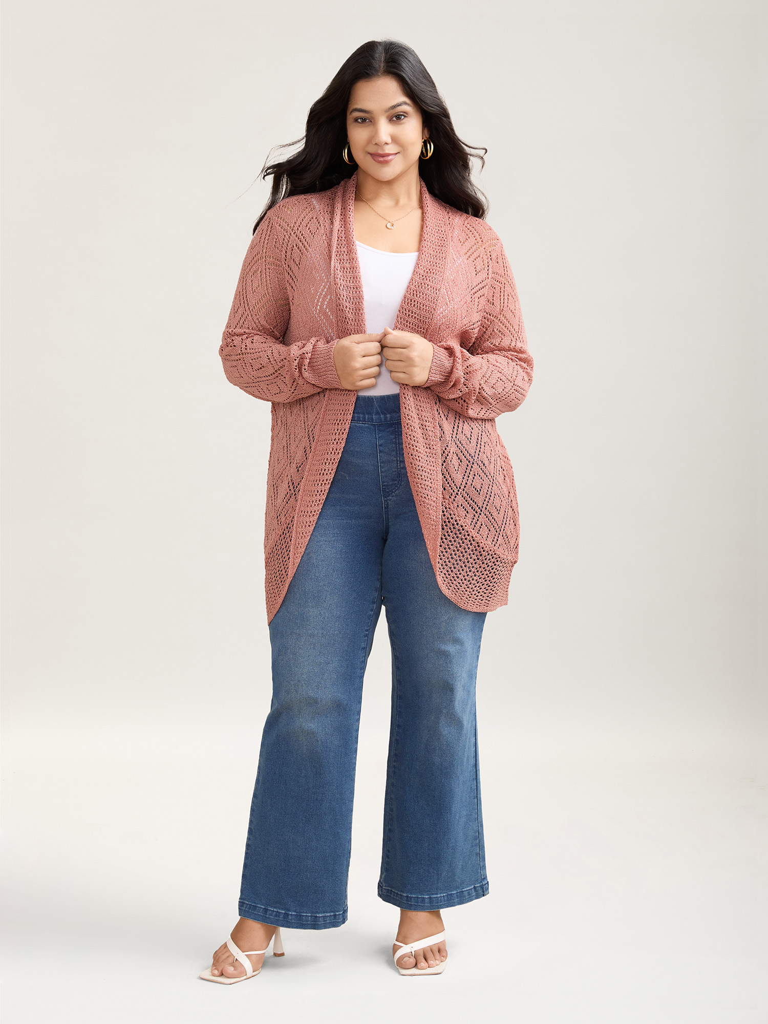 

Plus Size Textured Cut-Out Arc Hem Knit Cardigan Salmon Women Casual Loose Long Sleeve Everyday Cardigans BloomChic