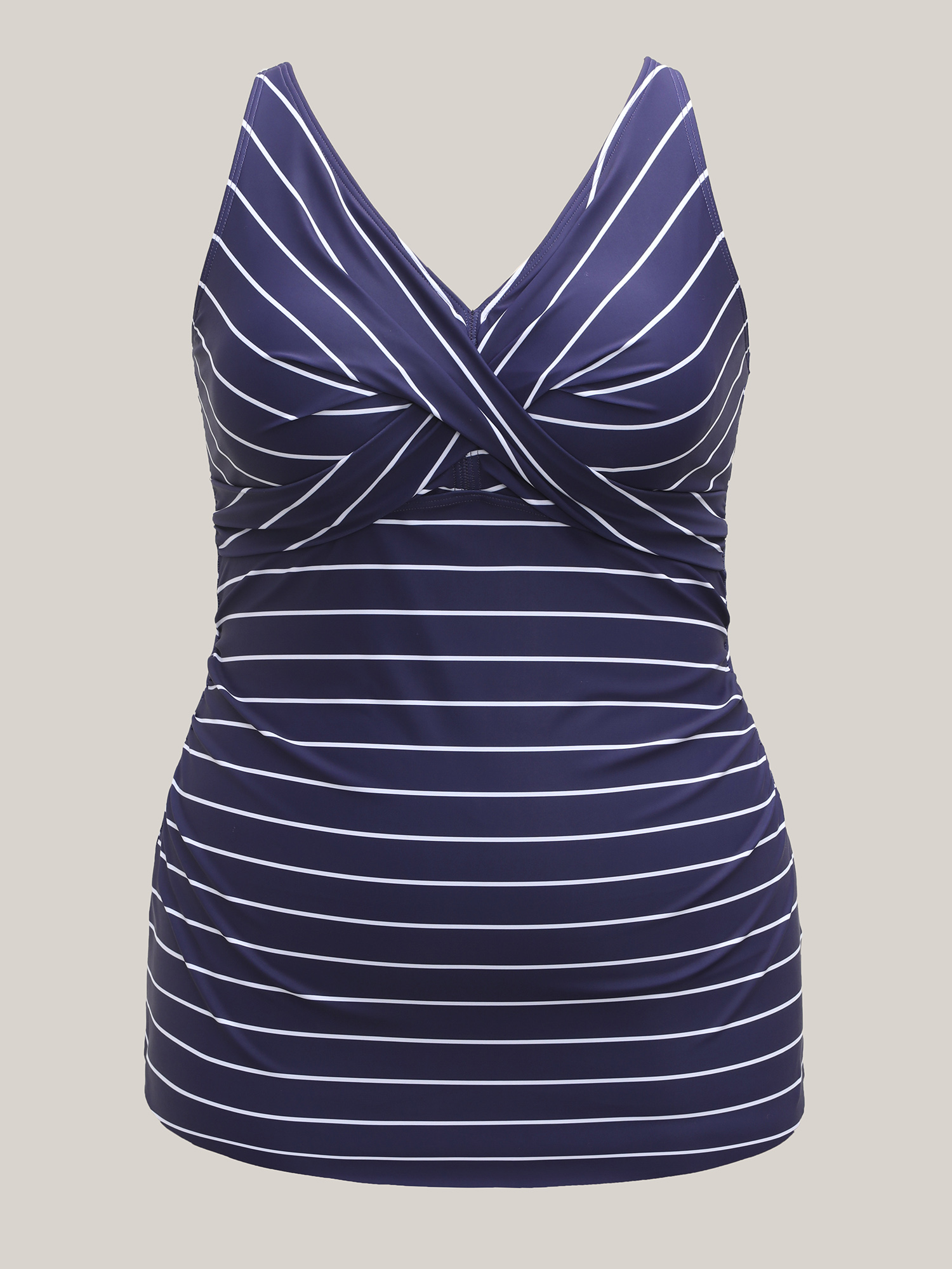 Plus Size Nautical Striped Print Front-Twist Swim Top Women`s Swimwear Indigo Beach Twist High stretch Skinny V-neck Curve Swim Tops BloomChic 12/L 