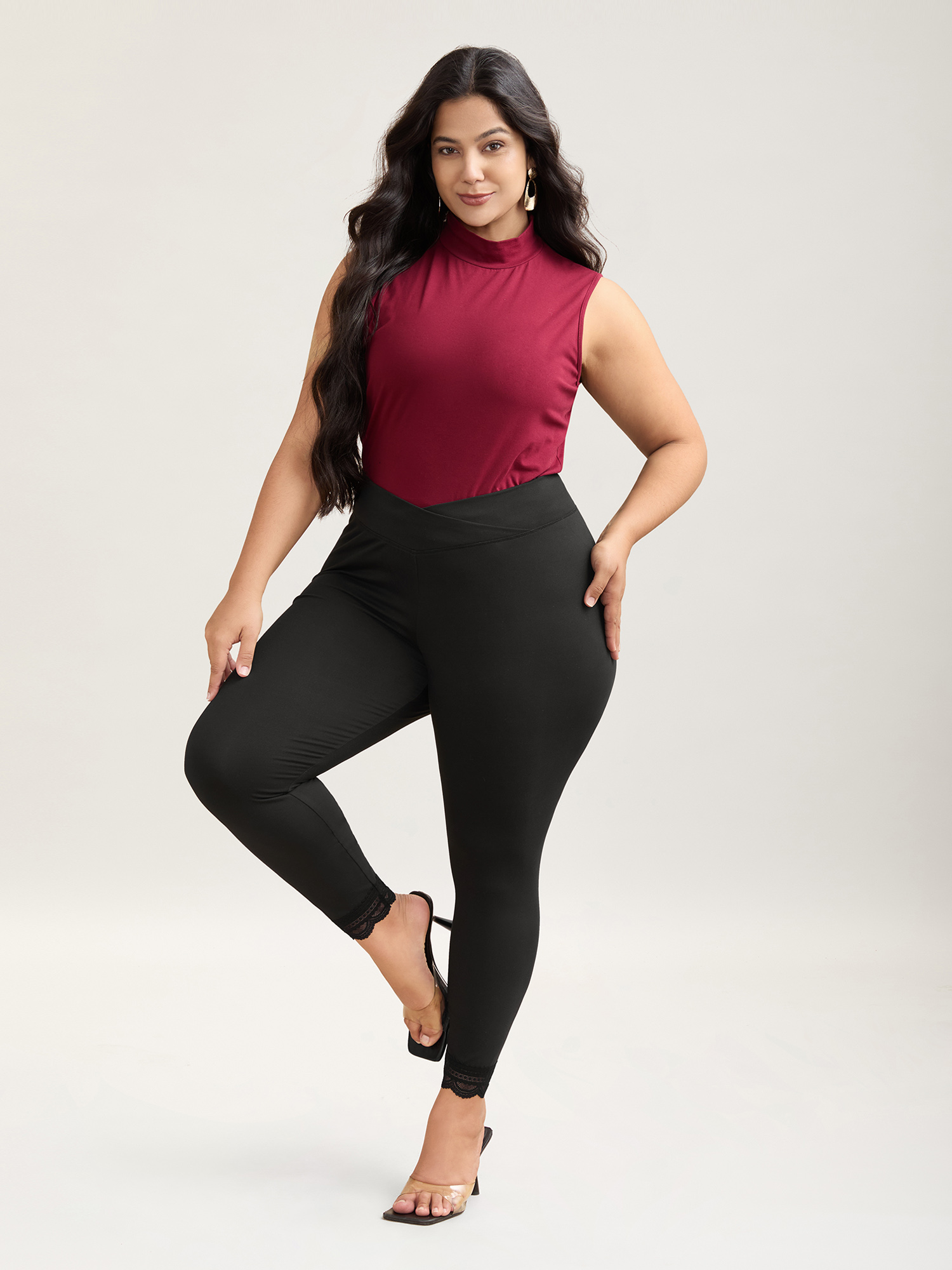 

Plus Size Overlap Waist Spliced Tight Pants Women Black Elegant High stretch Skinny Mid Rise Everyday Leggings BloomChic