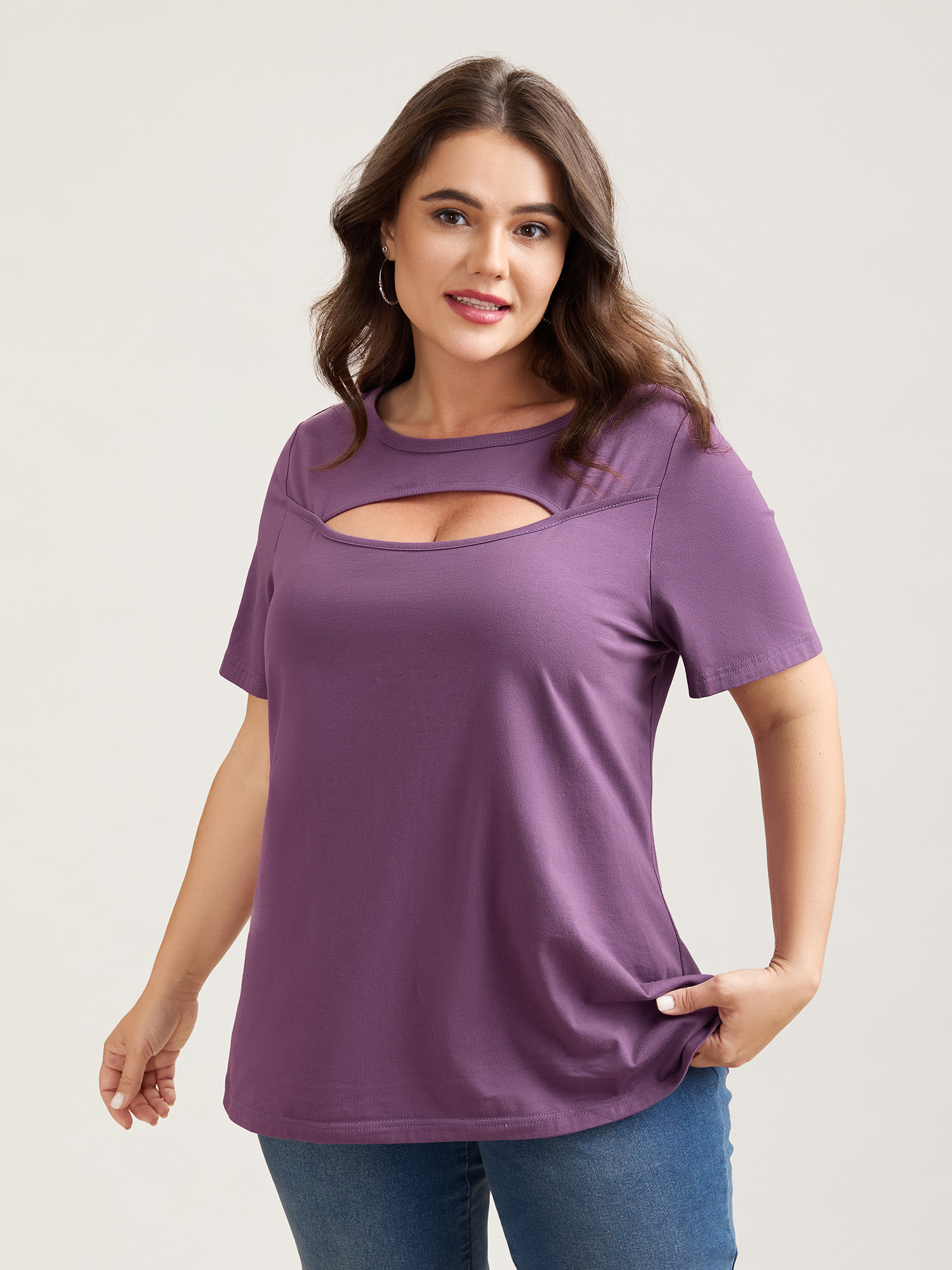 

Plus Size Cotton Flirty Cutout Curvy T-Shirt Mauve Women Casual Cut-Out Round Neck Everyday T-shirts BloomChic