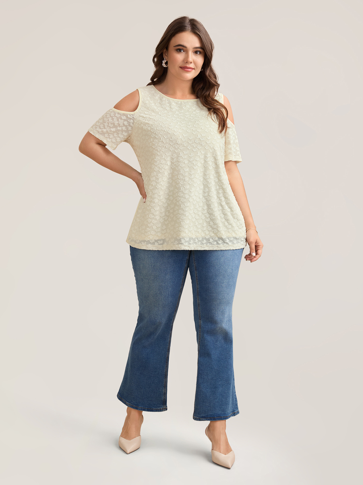 Plus Size Textured Off-Shoulder Lined T-Shirt Beige Women Elegant Texture Round Neck Everyday T-shirts BloomChic 12/L 