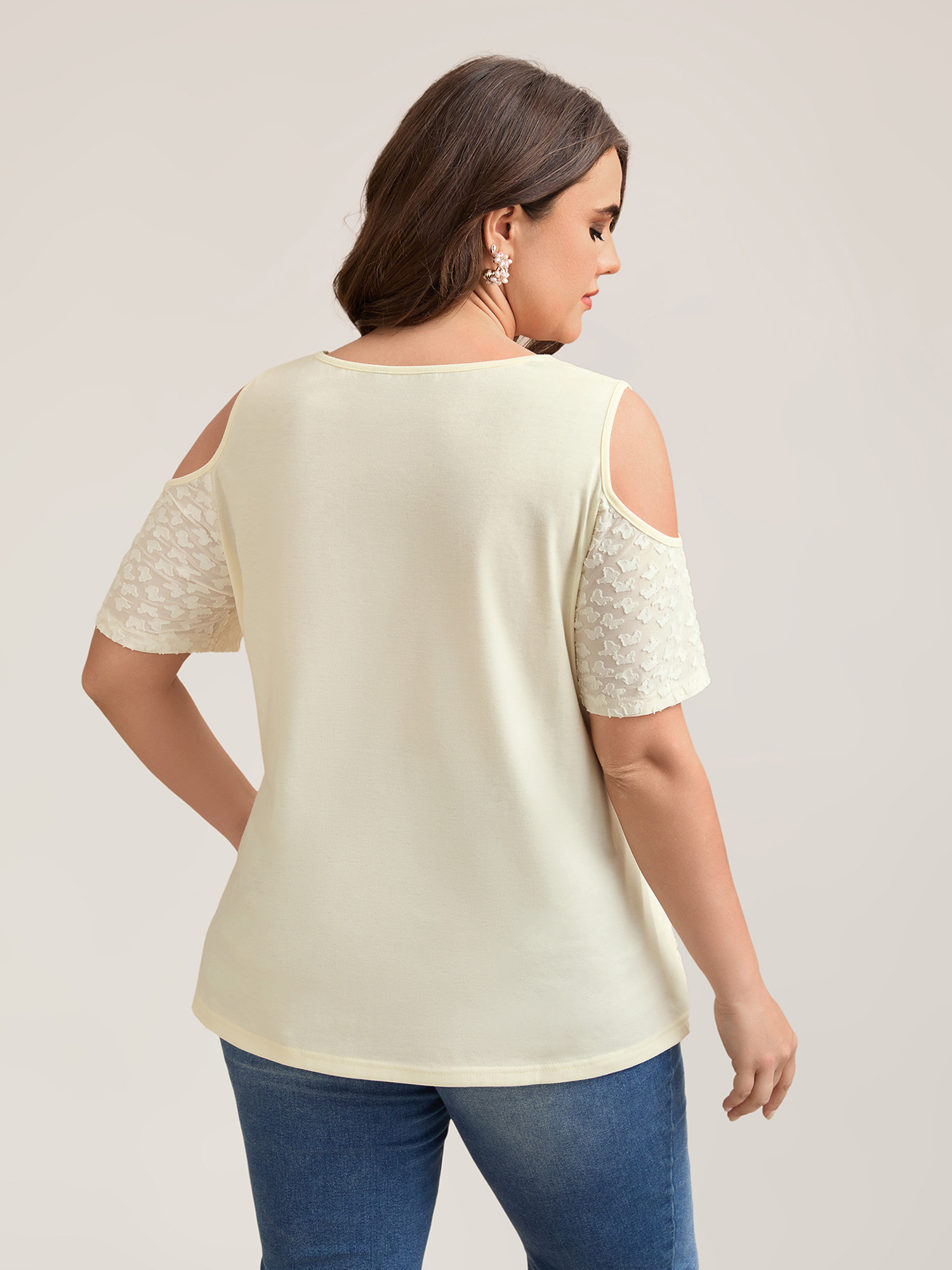 Plus Size Textured Off-Shoulder Lined T-Shirt Beige Women Elegant Texture Round Neck Everyday T-shirts BloomChic 12/L 