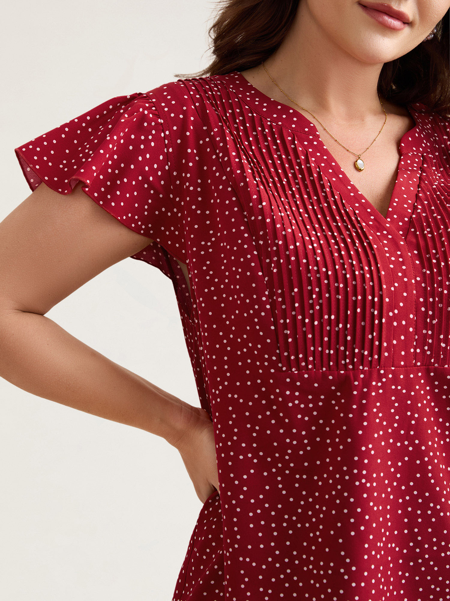 

Plus Size Raspberry Polka Dot Print Toothpick Pleat Blouse Women Elegant Short sleeve Notched collar Everyday Blouses BloomChic