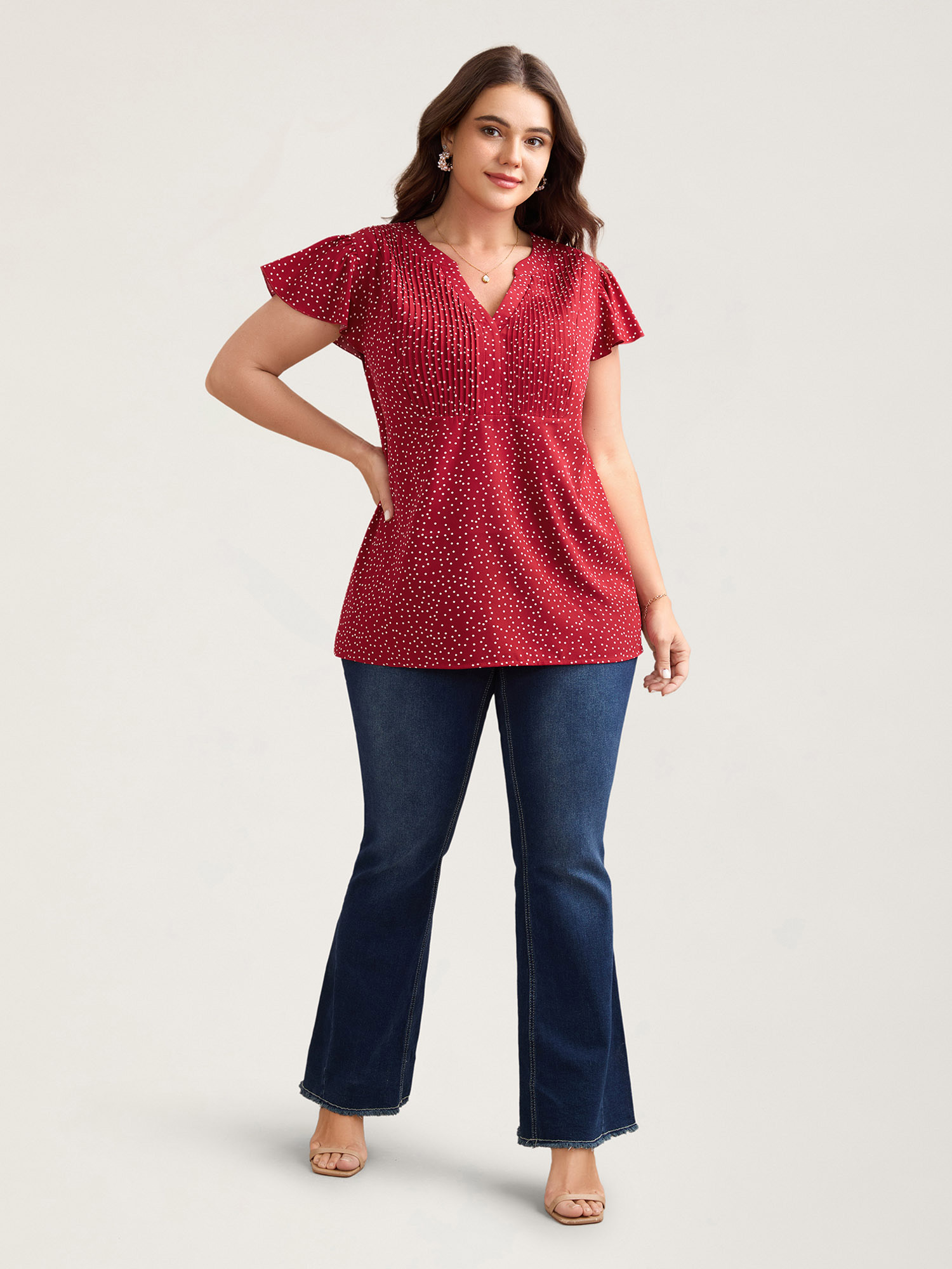 Plus Size Raspberry Polka Dot Print Toothpick Pleat Blouse Women Elegant Short sleeve Notched collar Everyday Blouses BloomChic 30/6X 