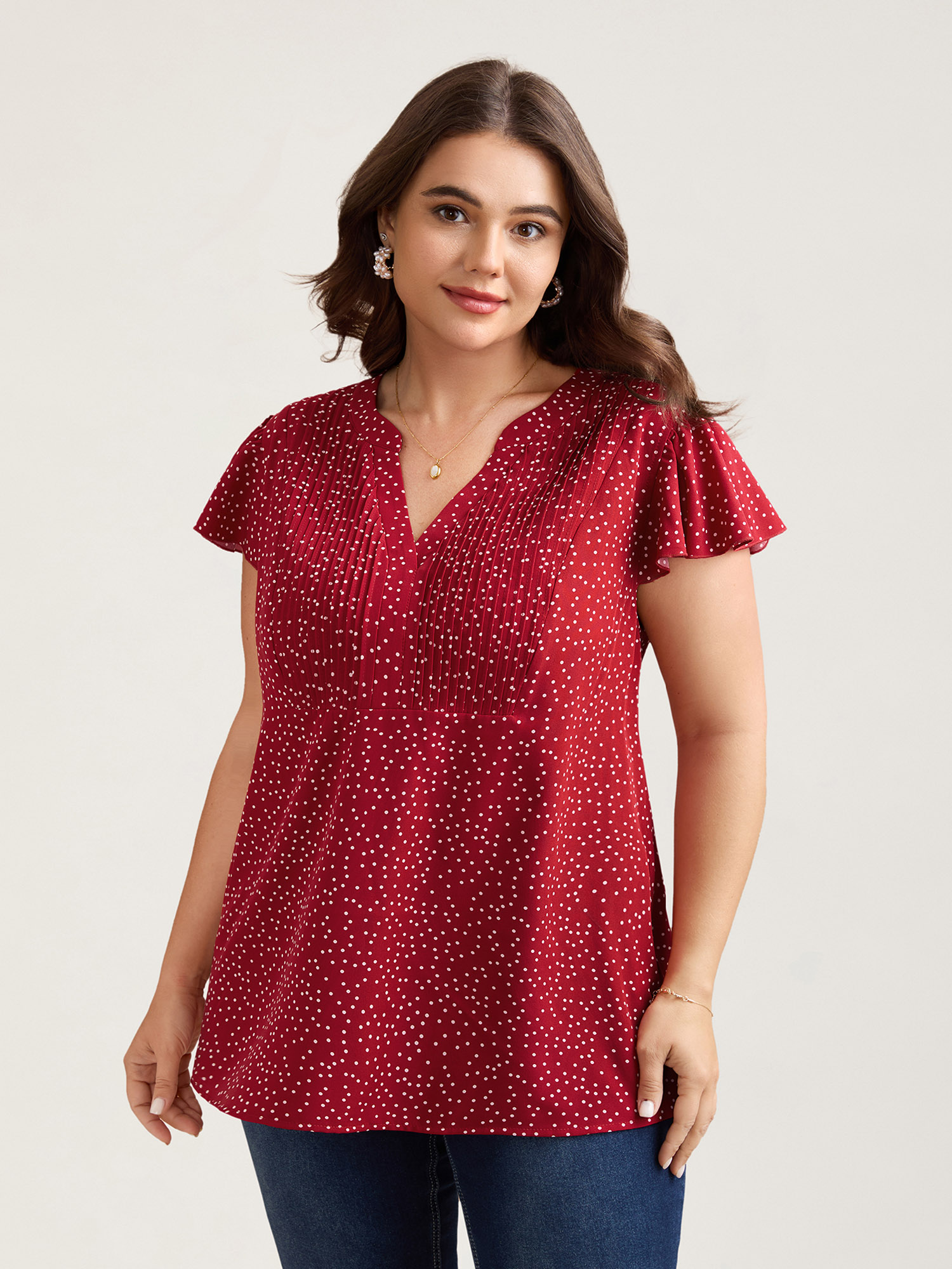 Plus Size Raspberry Polka Dot Print Toothpick Pleat Blouse Women Elegant Short sleeve Notched collar Everyday Blouses BloomChic 30/6X 