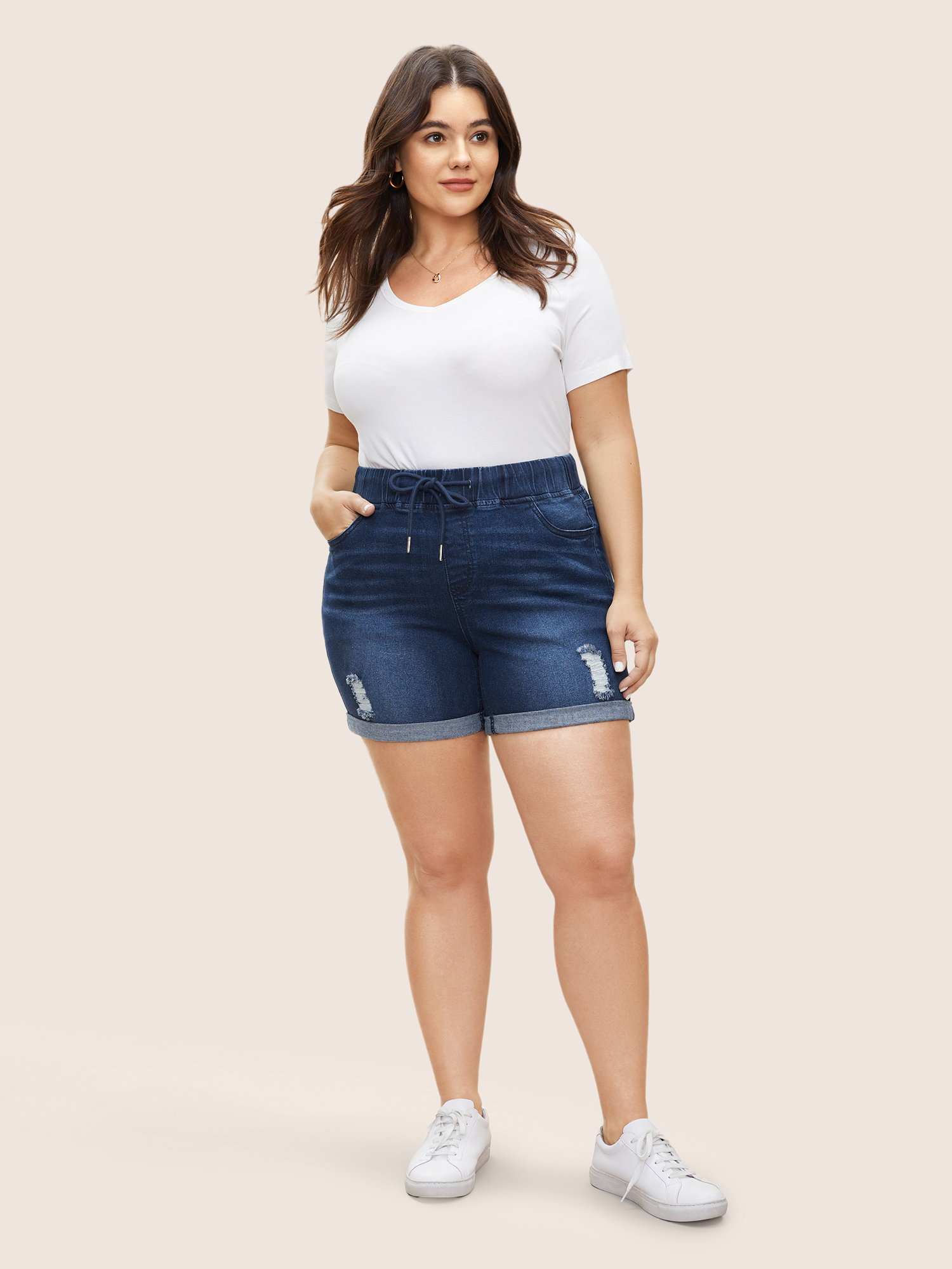 Plus Size Distressed Drawstring Roll Hem Denim Shorts Women Indigo Drawstring High stretch Everyday Slanted pocket Casual Denim Shorts BloomChic 12/L 