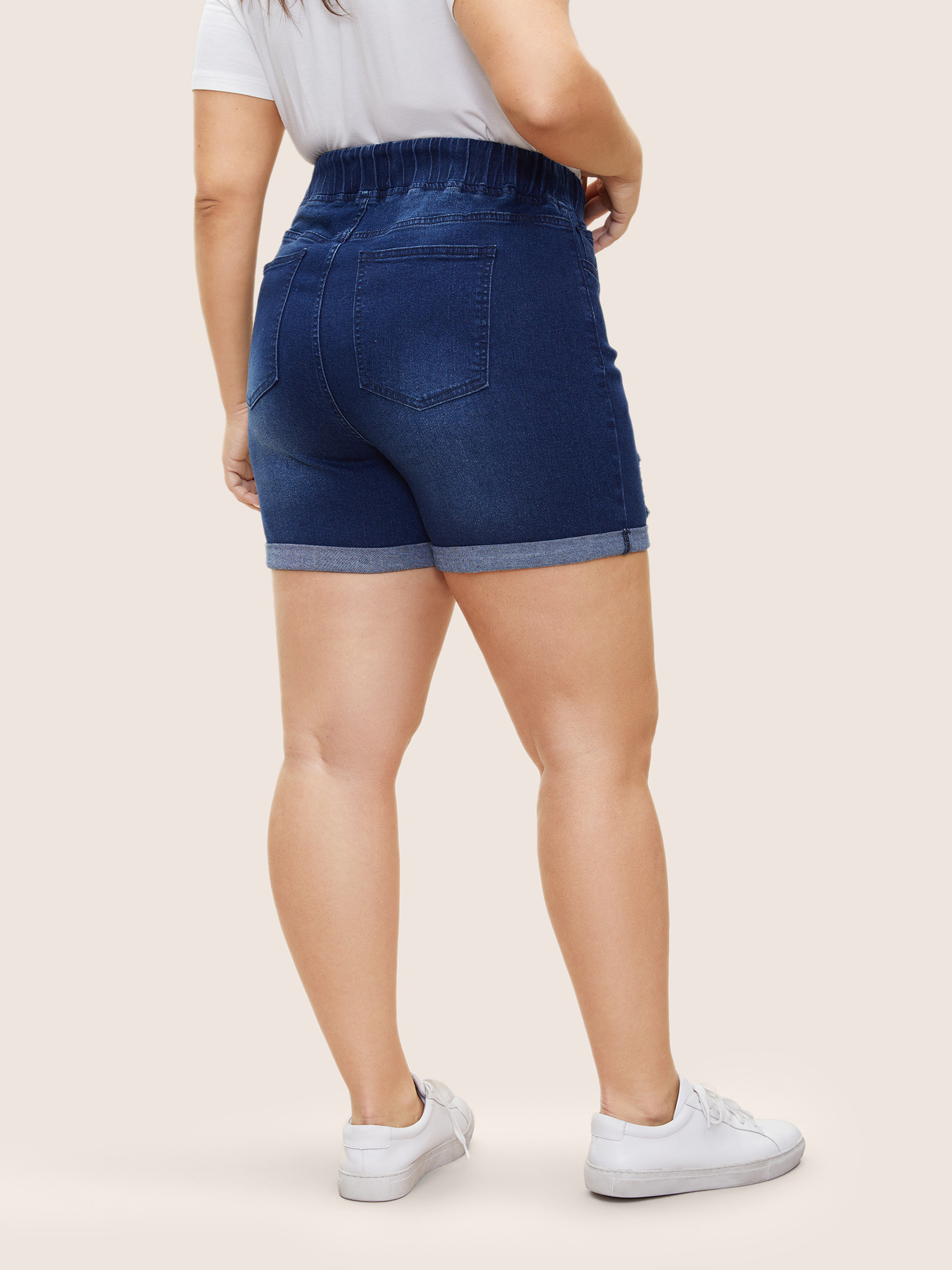 Plus Size Distressed Drawstring Roll Hem Denim Shorts Women Indigo Drawstring High stretch Everyday Slanted pocket Casual Denim Shorts BloomChic 12/L 