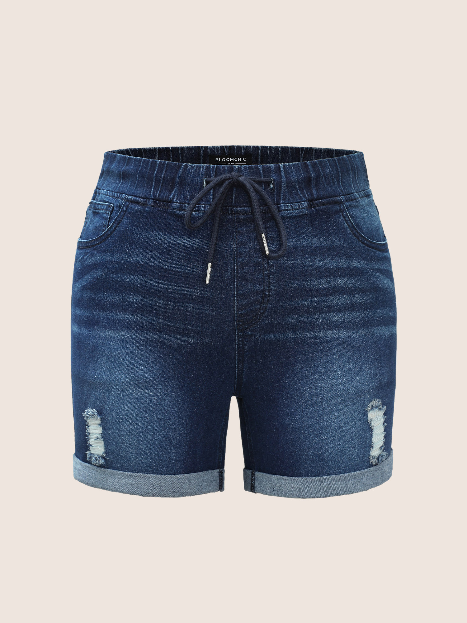 Plus Size Distressed Drawstring Roll Hem Denim Shorts Women Indigo Drawstring High stretch Everyday Slanted pocket Casual Denim Shorts BloomChic 12/L 